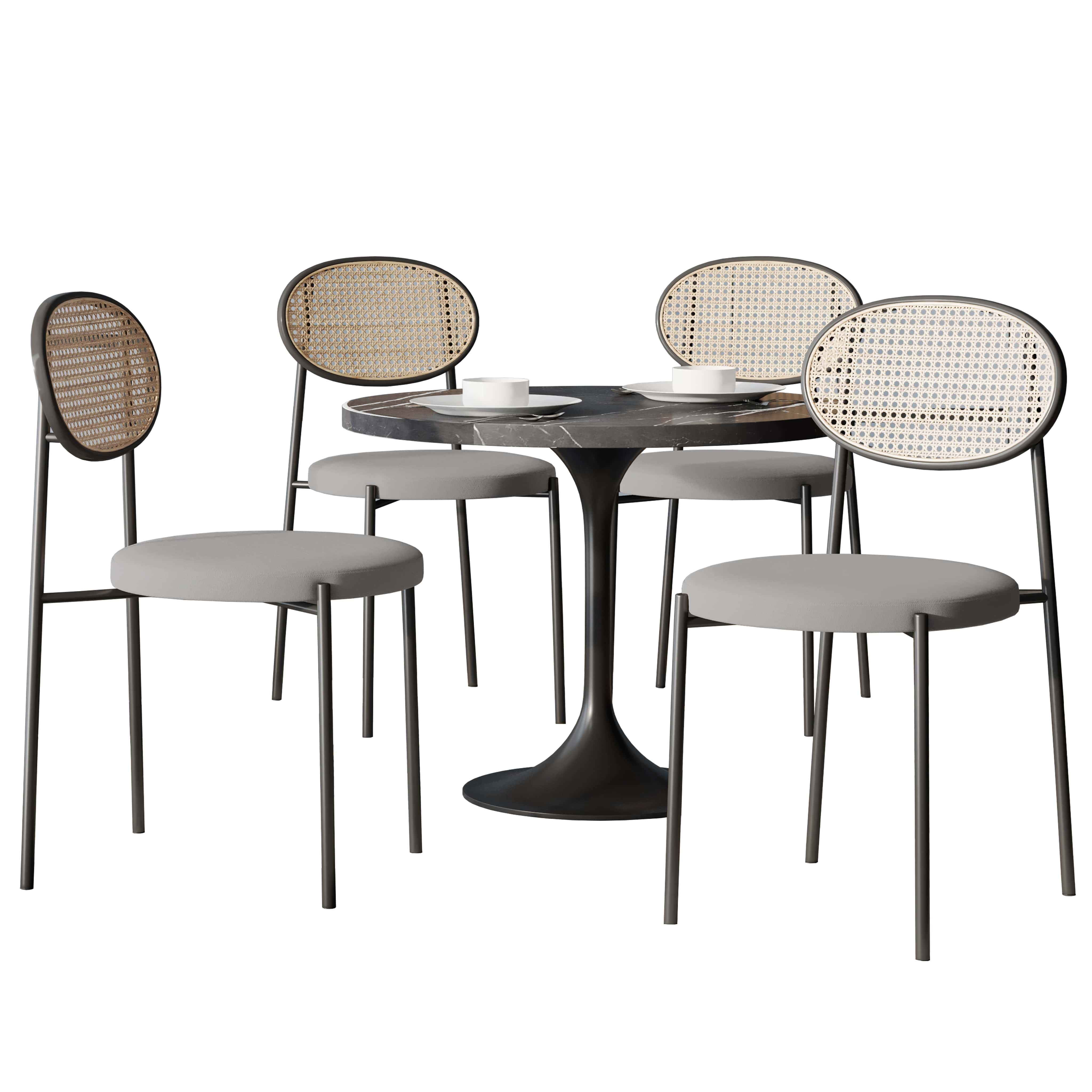 5-Piece Dining Set with 36" Round Dining Table Black Sintered Stone Top and Black Pedestal with 4 Velvet Dining Chairs in White Steel Legs in Grey