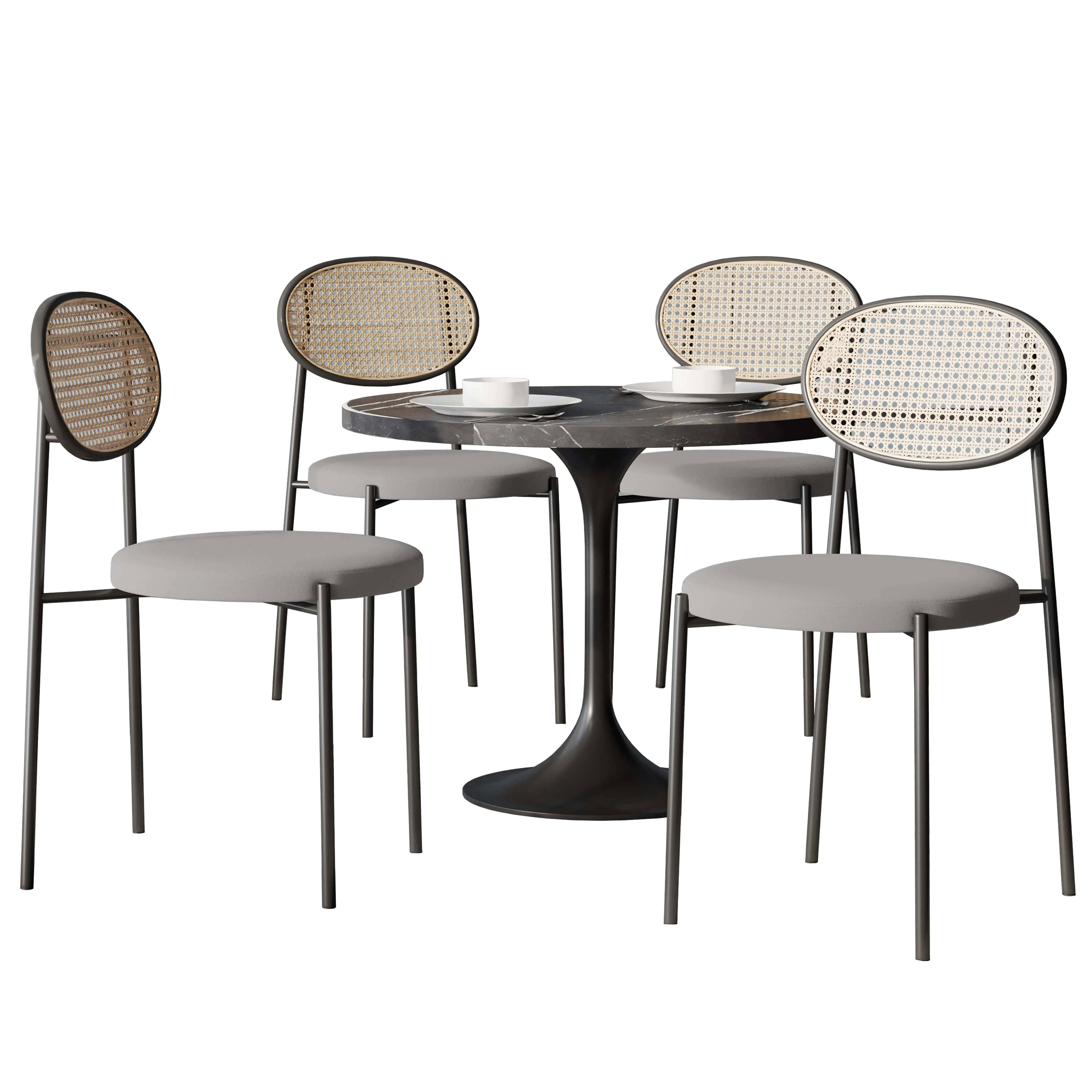 5-Piece Dining Set with 36" Round Dining Table Black Sintered Stone Top and Black Pedestal with 4 Velvet Dining Chairs in White Steel Legs in Grey