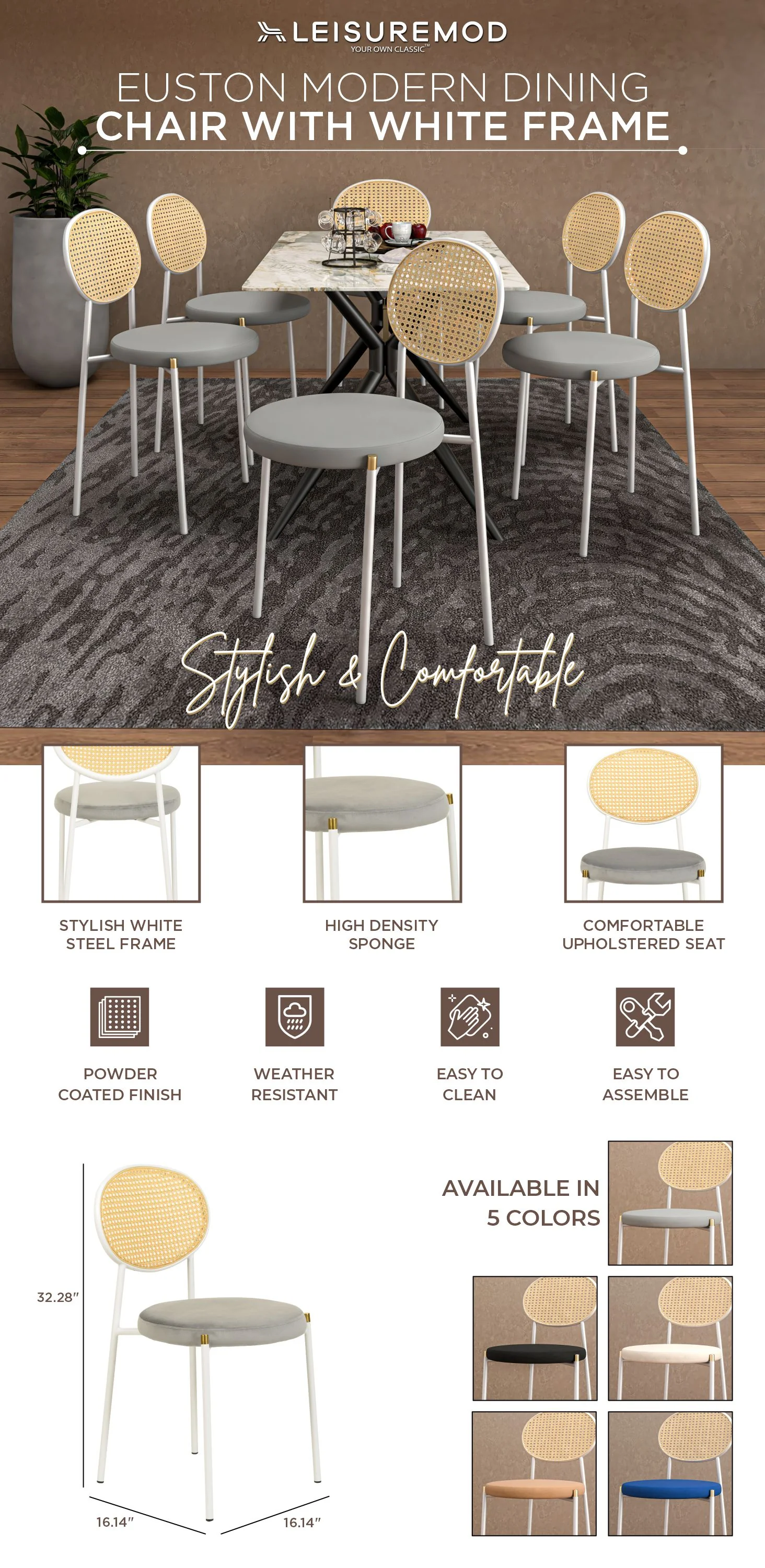 Euston Collection Modern Dining Chair White Frame In Grey - Set of 4