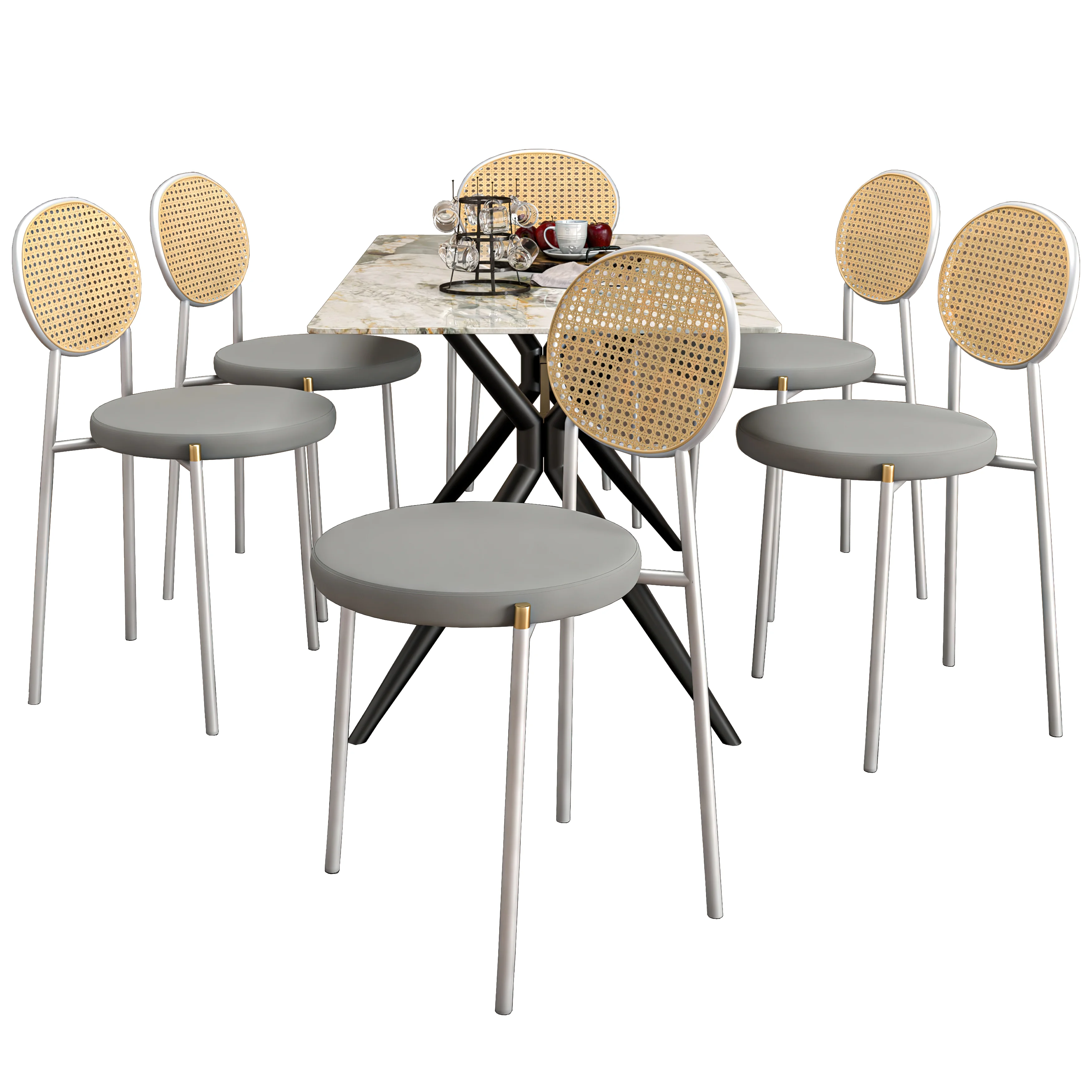 7-Piece Dining Set with Rectangular Sintered Stone Dining Table and 6 Velvet Dining Side Chairs with Wicker Back
