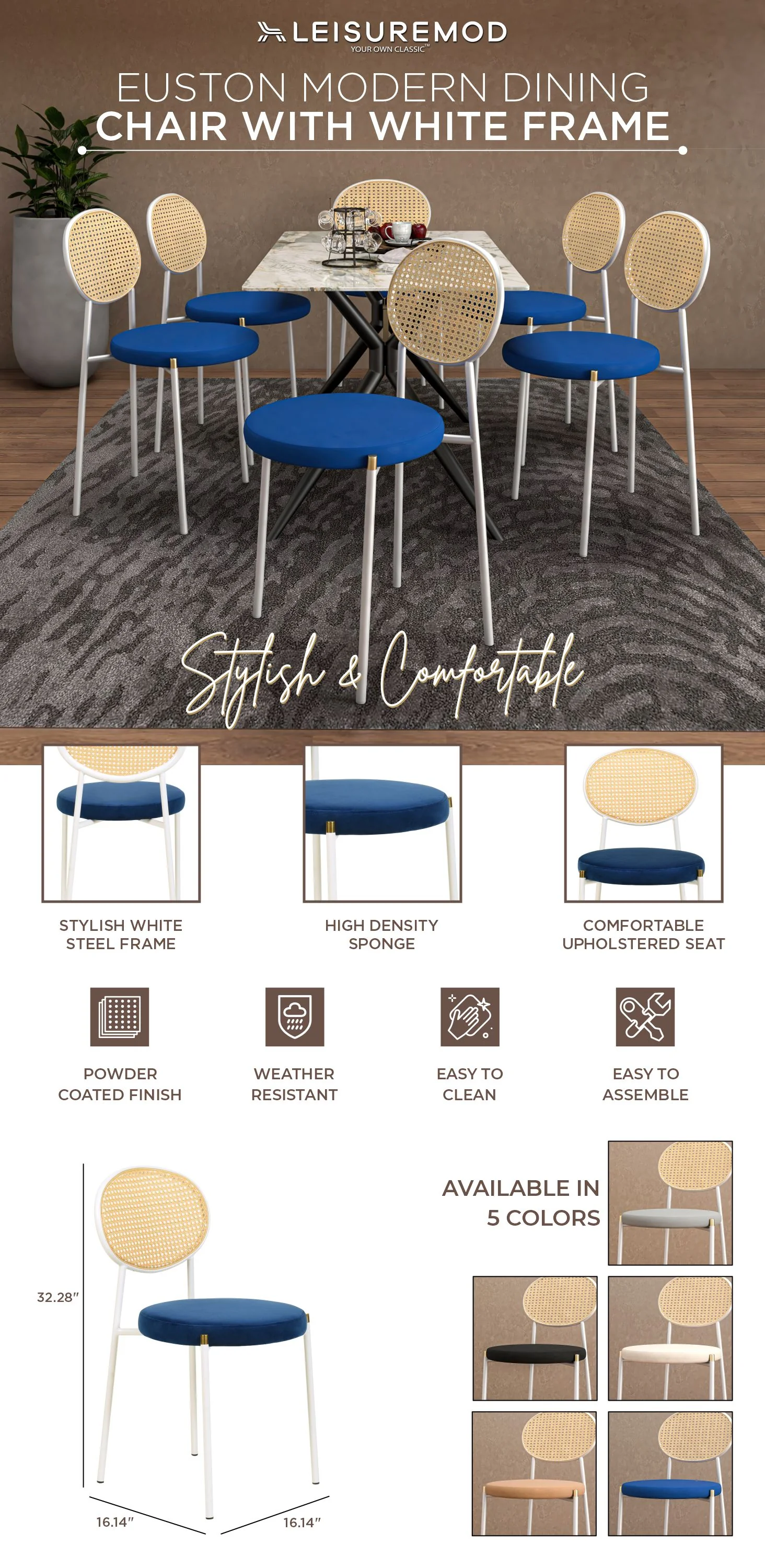 Euston Collection Modern Dining Chair White Frame In Blue