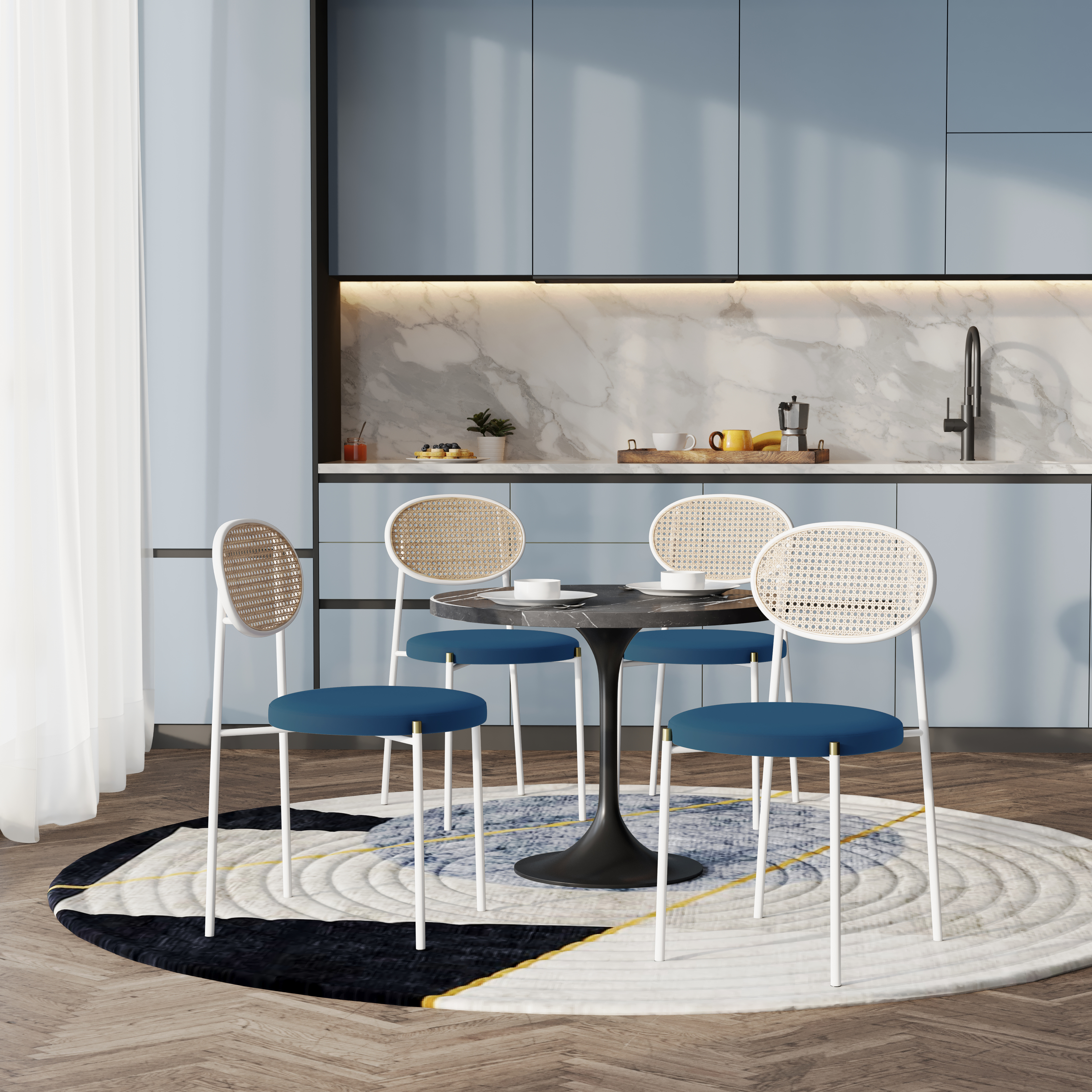 5-Piece Dining Set with 36" Round Dining Table Black Sintered Stone Top and Black Pedestal with 4 Velvet Dining Chairs in White Steel Legs in Navy Blue