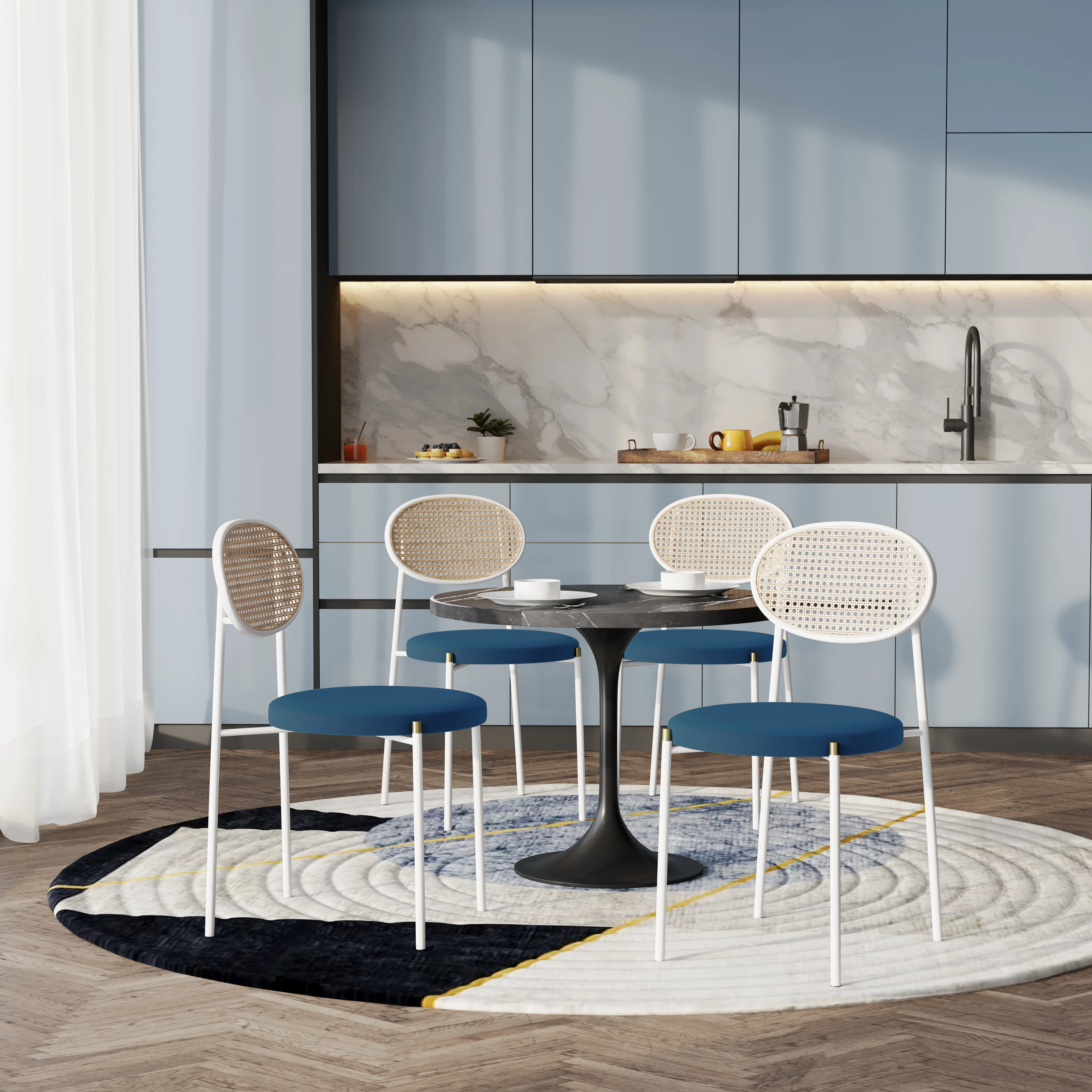 5-Piece Dining Set with 36" Round Dining Table Black Sintered Stone Top and Black Pedestal with 4 Velvet Dining Chairs in White Steel Legs in Navy Blue