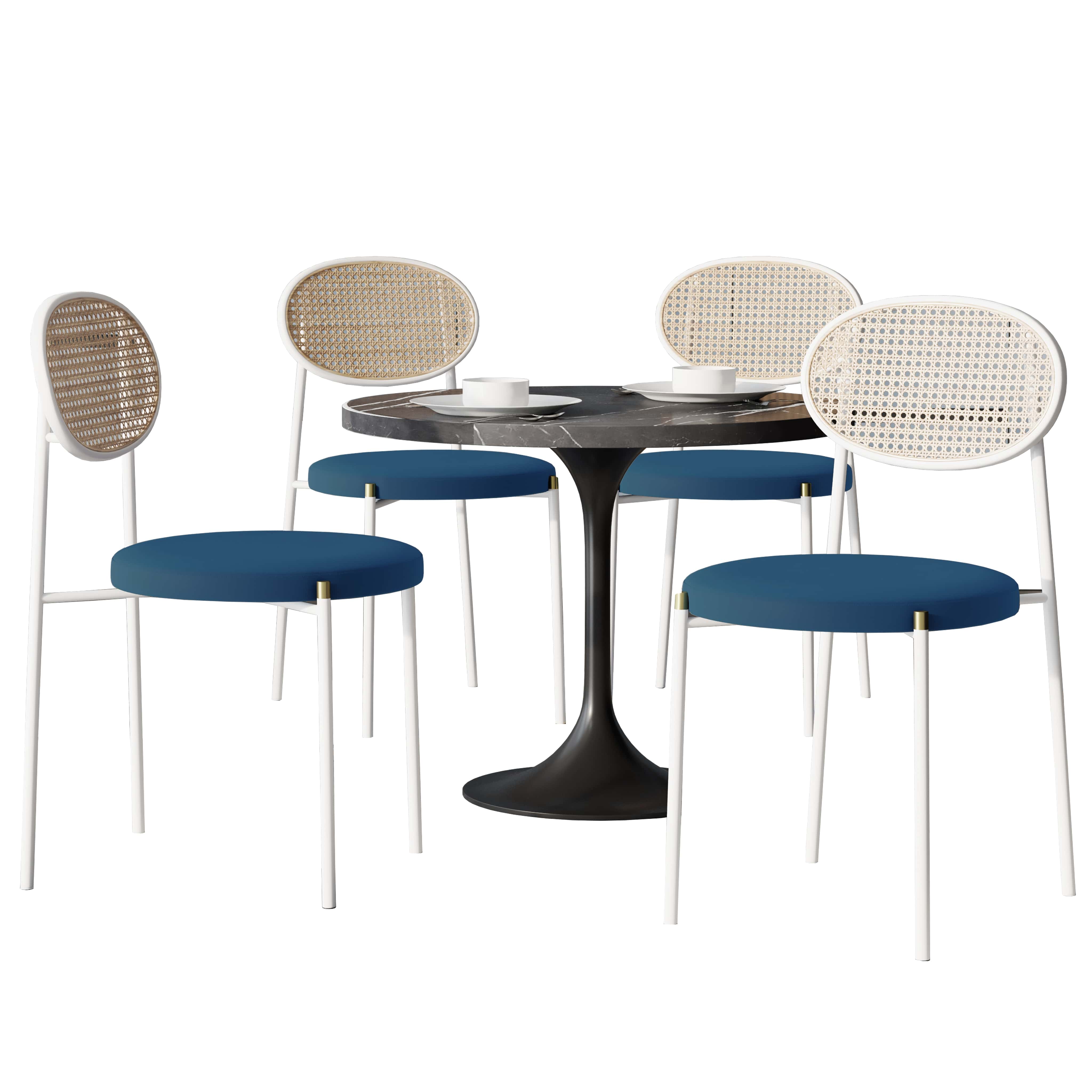 5-Piece Dining Set with 36" Round Dining Table Black Sintered Stone Top and Black Pedestal with 4 Velvet Dining Chairs in White Steel Legs in Navy Blue