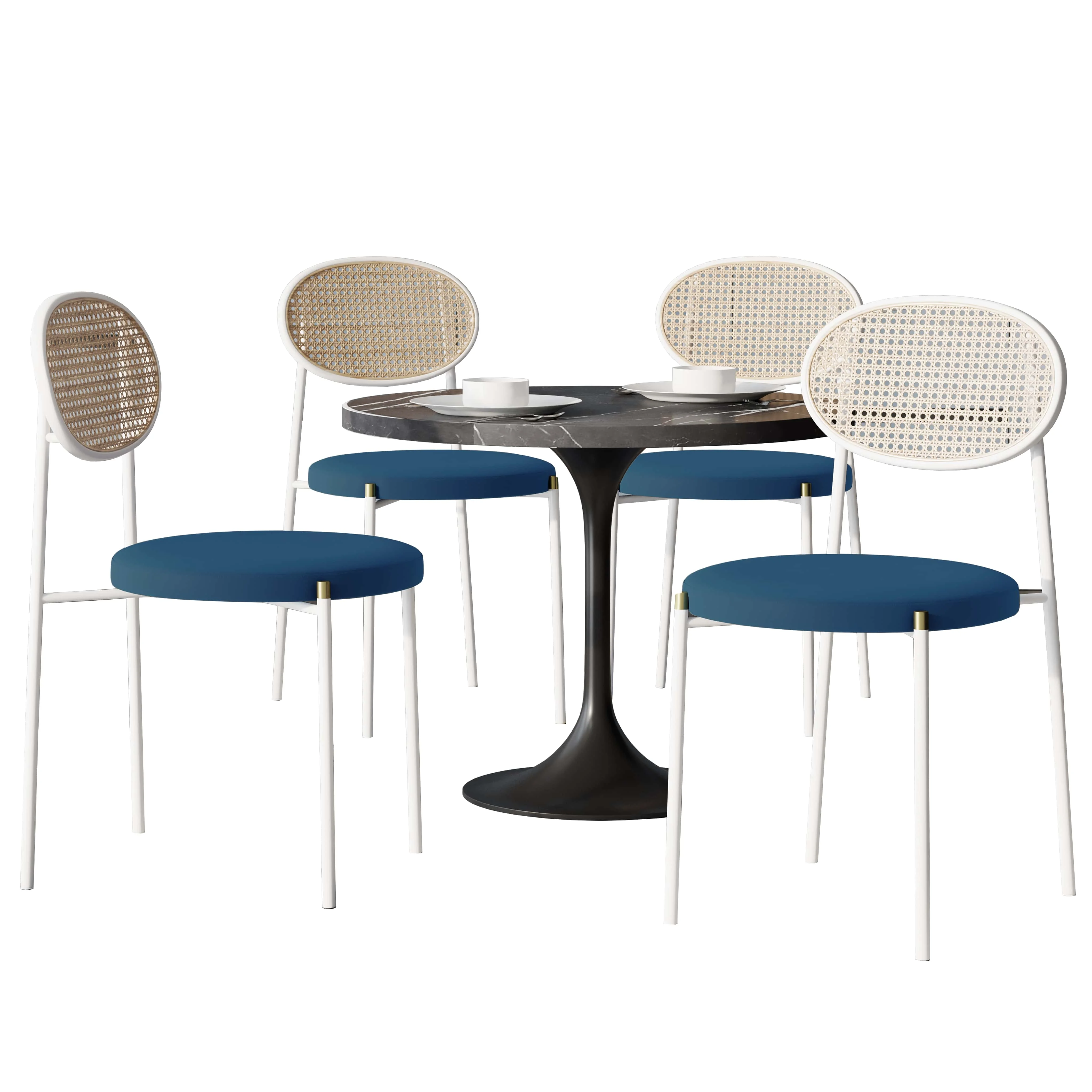 5-Piece Dining Set with 36" Round Dining Table Black Sintered Stone Top and Black Pedestal with 4 Velvet Dining Chairs in White Steel Legs in Navy Blue