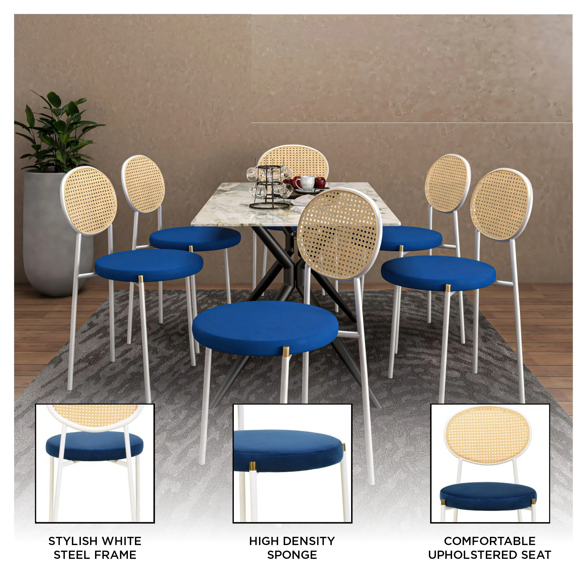 Euston Collection Modern Dining Chair White Frame In Blue - Set of 4
