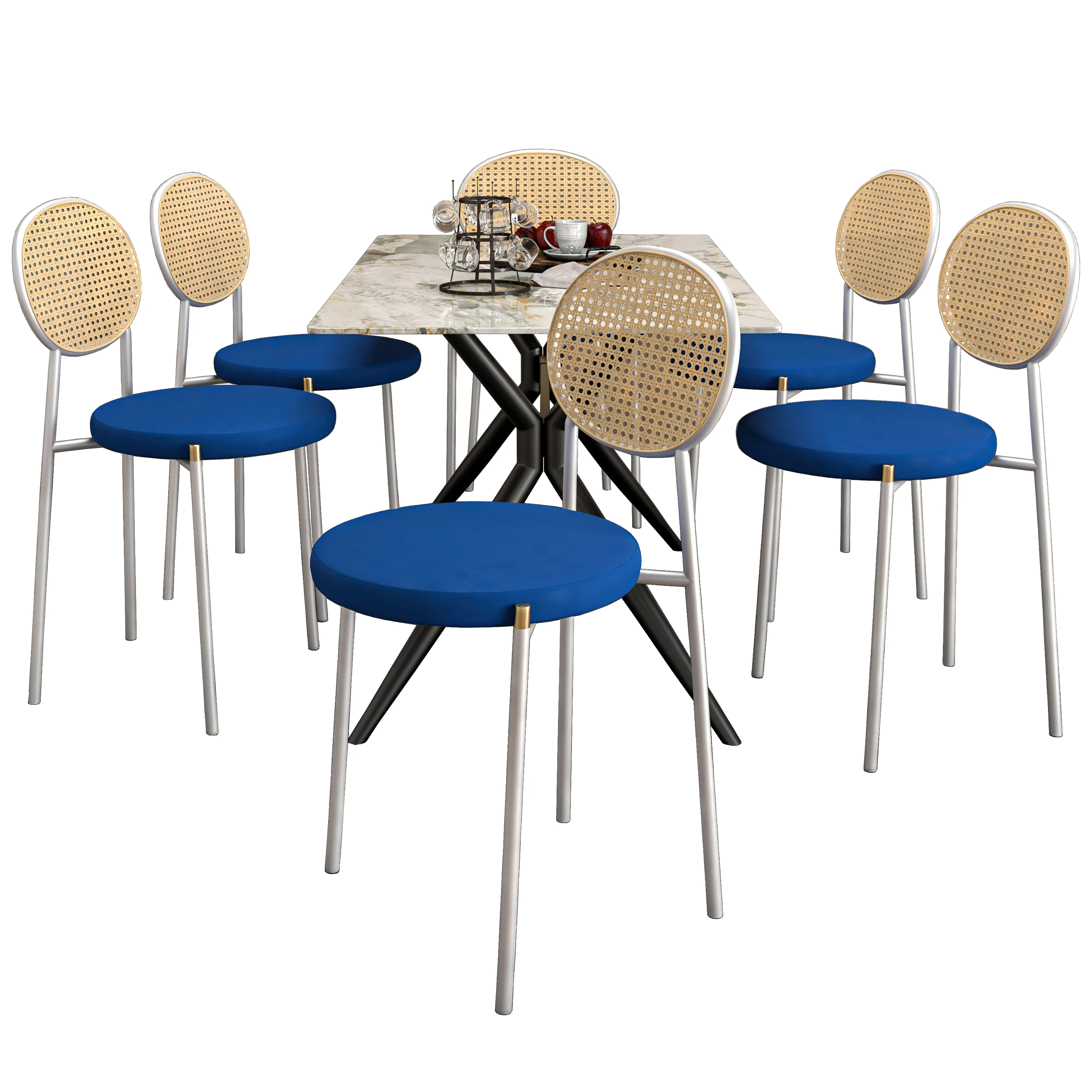 7-Piece Dining Set with Rectangular Sintered Stone Dining Table and 6 Velvet Dining Side Chairs with Wicker Back