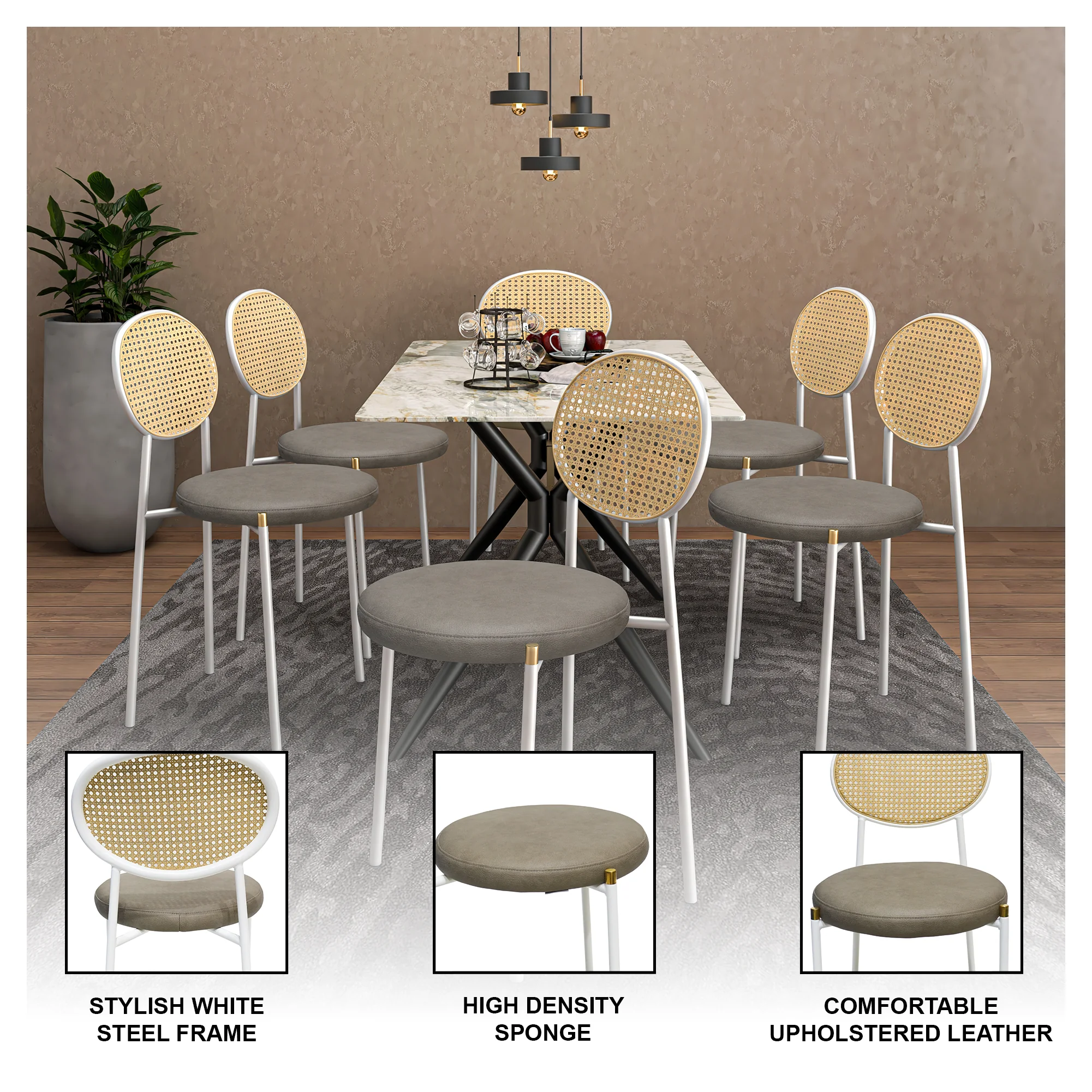 Euston Modern Wicker Dining Chair with White Frame and Leather Seat in Taupe
