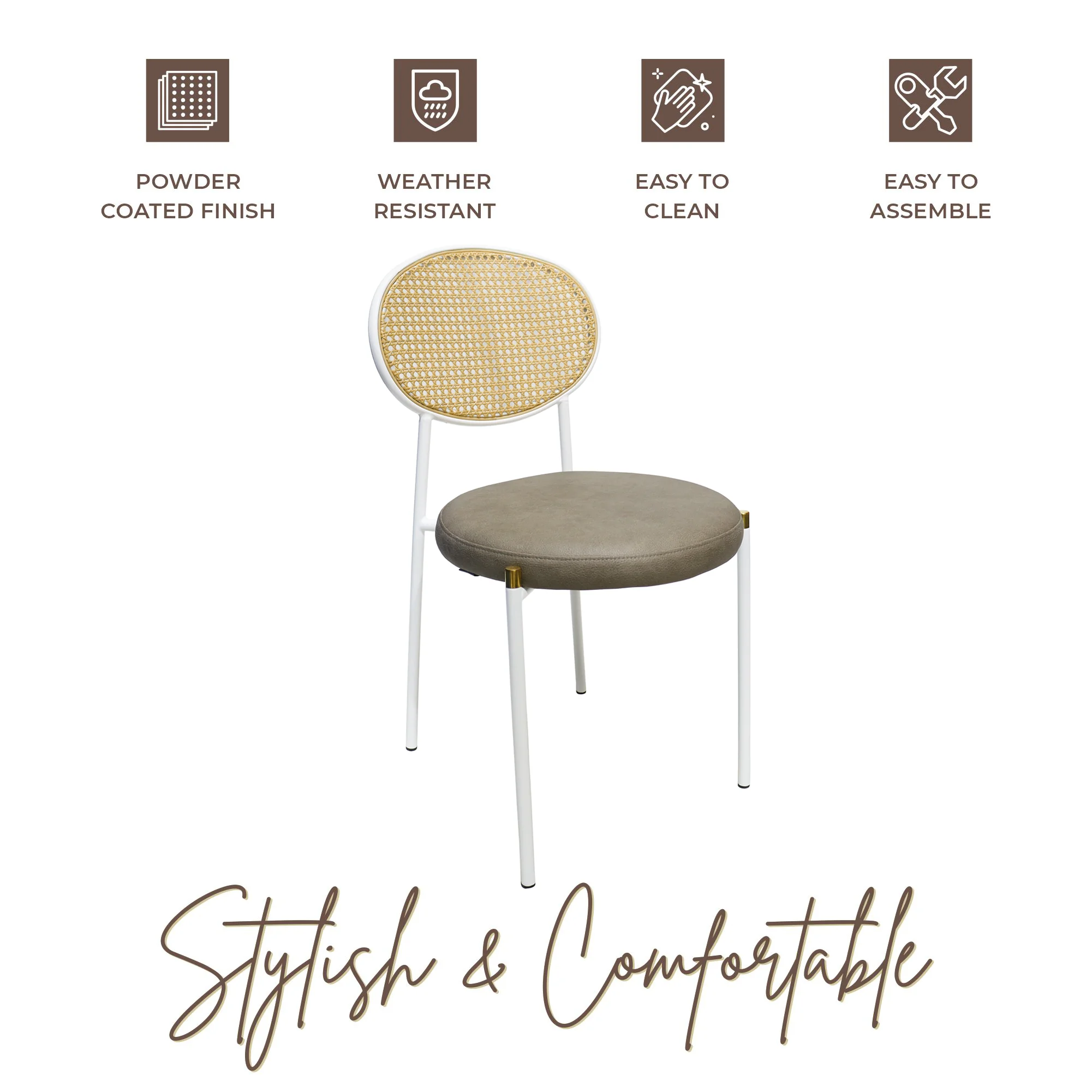 Euston Modern Wicker Dining Chair with White Frame and Leather Seat in Taupe