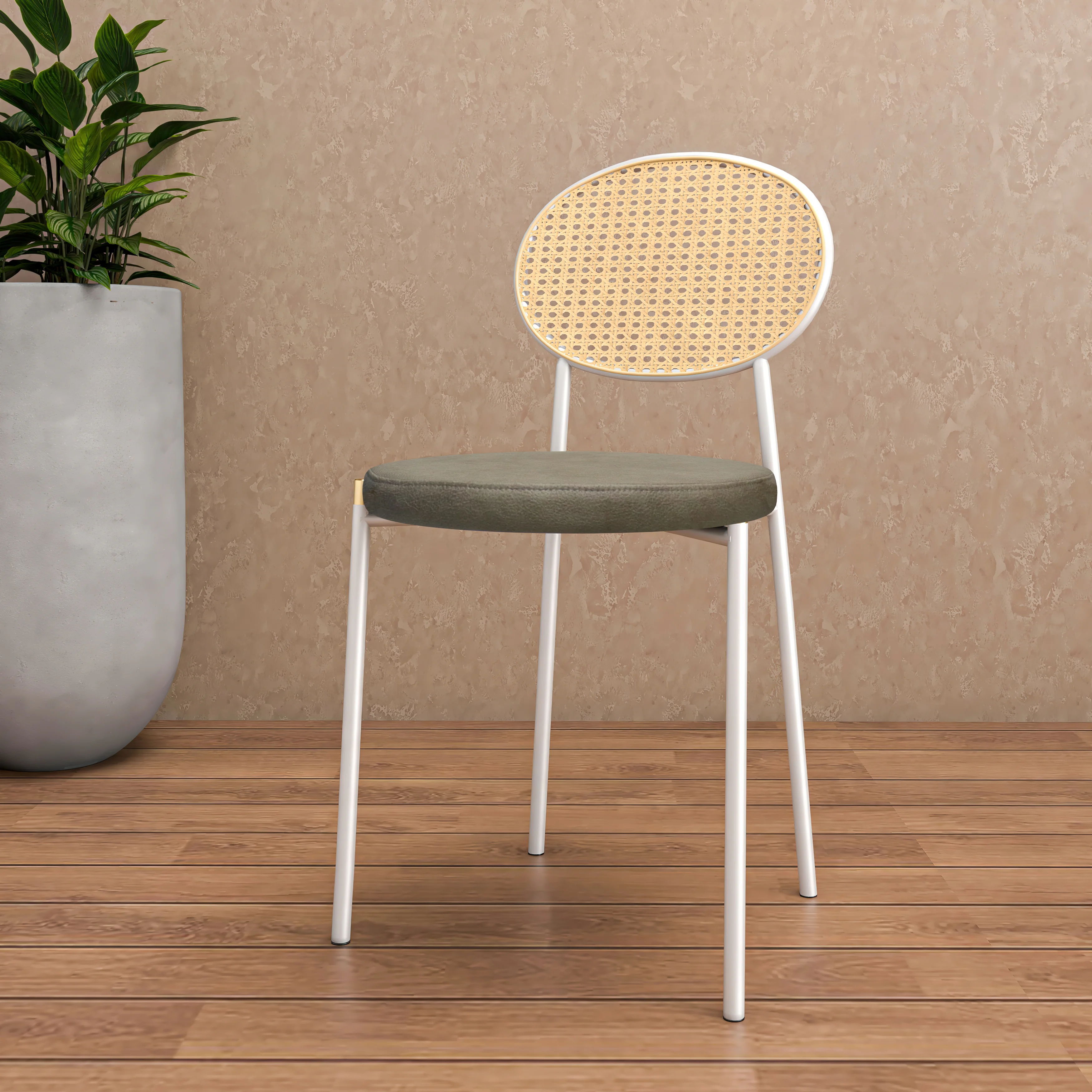 Euston Modern Wicker Dining Chair with White Frame and Leather Seat in Taupe