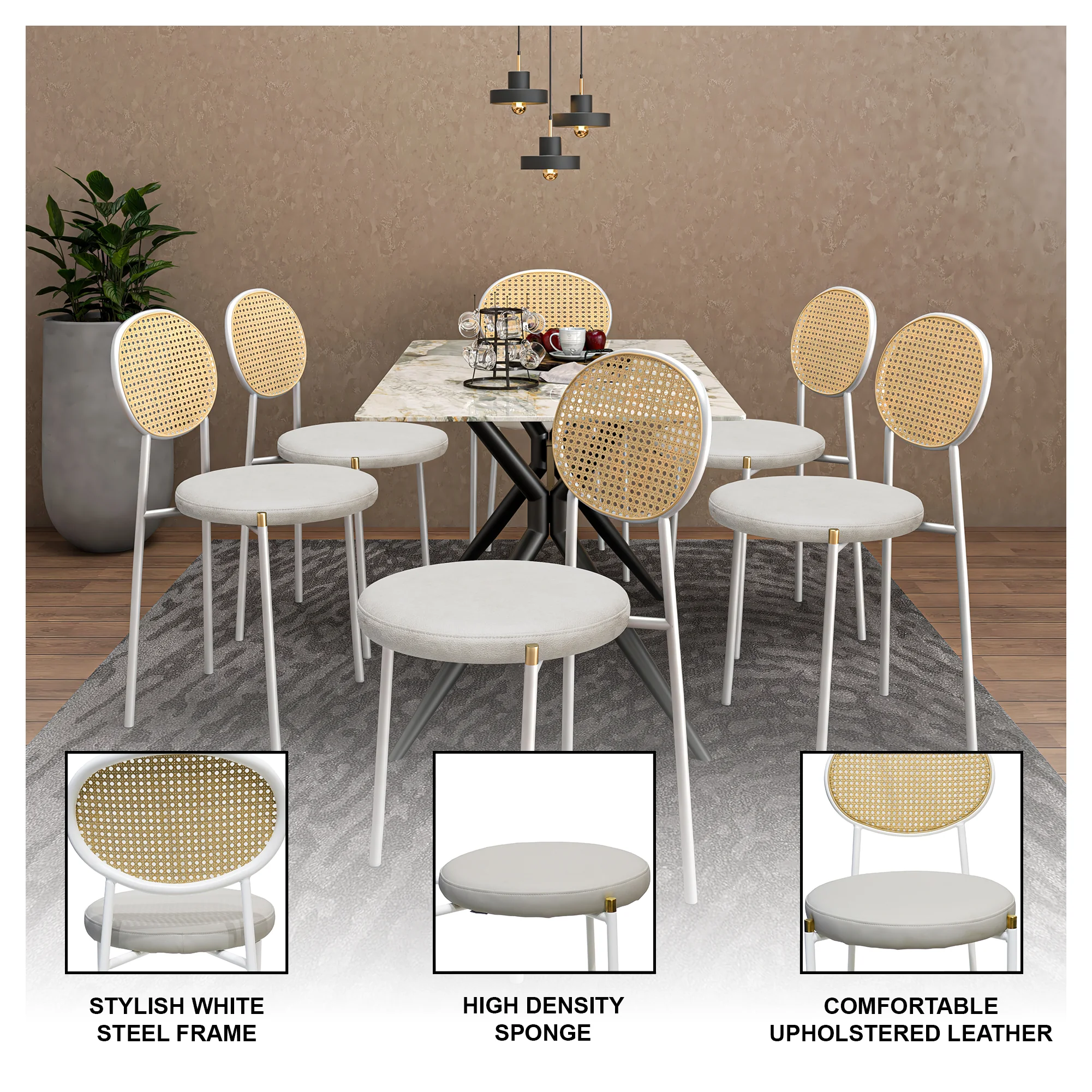 Euston Modern Wicker Dining Chair with White Frame and Leather Seat in White
