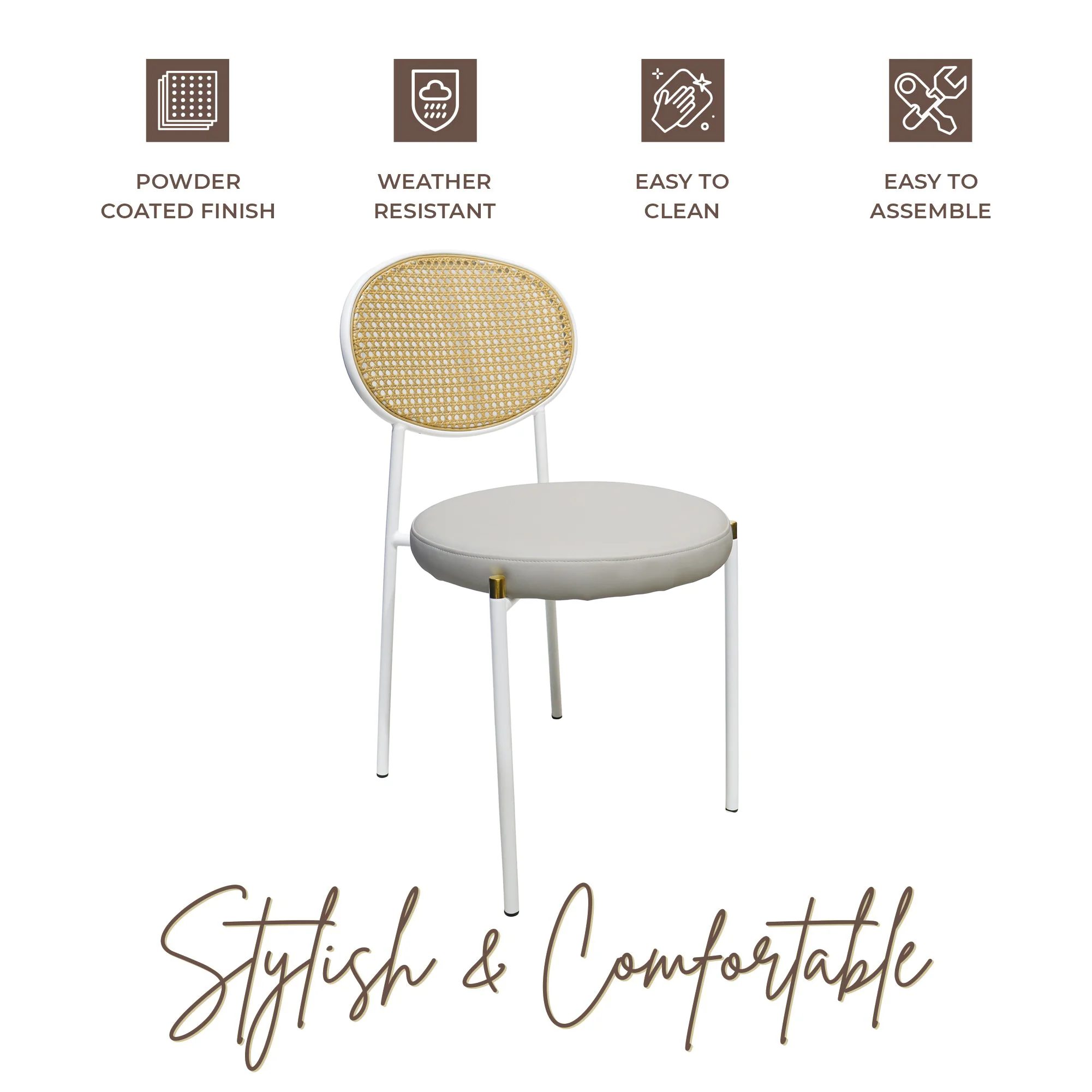 Euston Modern Wicker Dining Chair with White Frame and Leather Seat in White