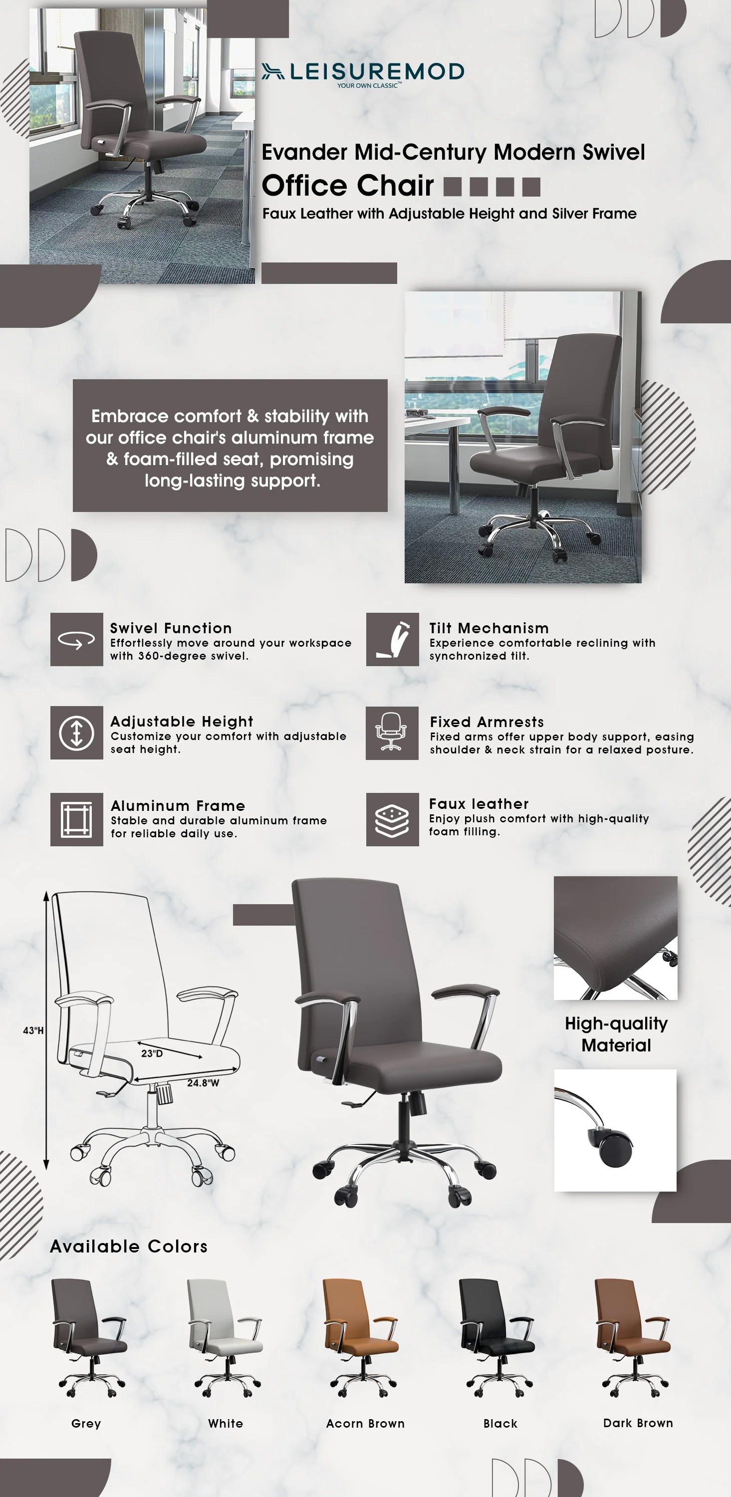 Evander Series Office Chair in Grey Leather
