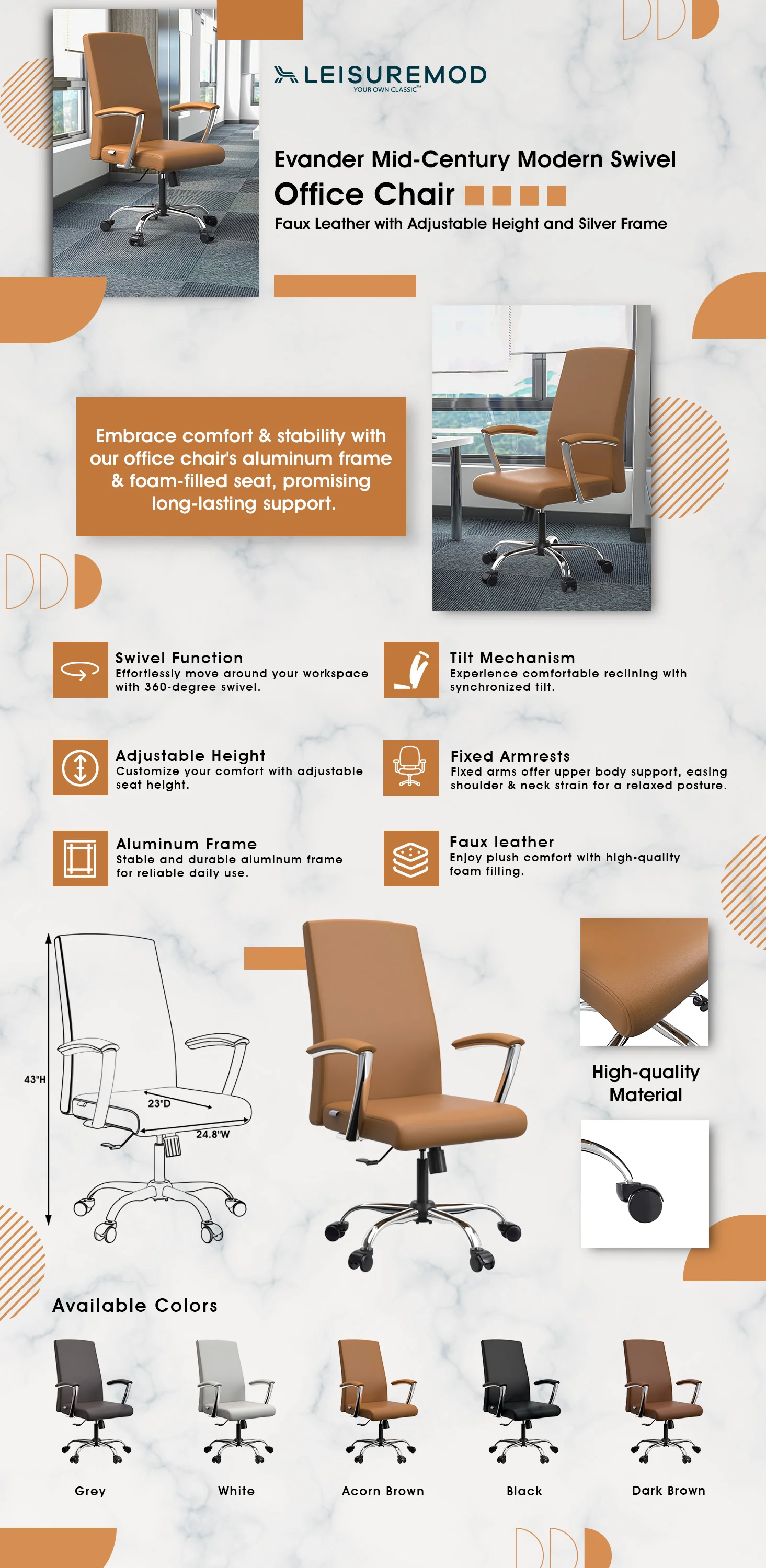 Evander Series Office Chair in Acorn Brown Leather