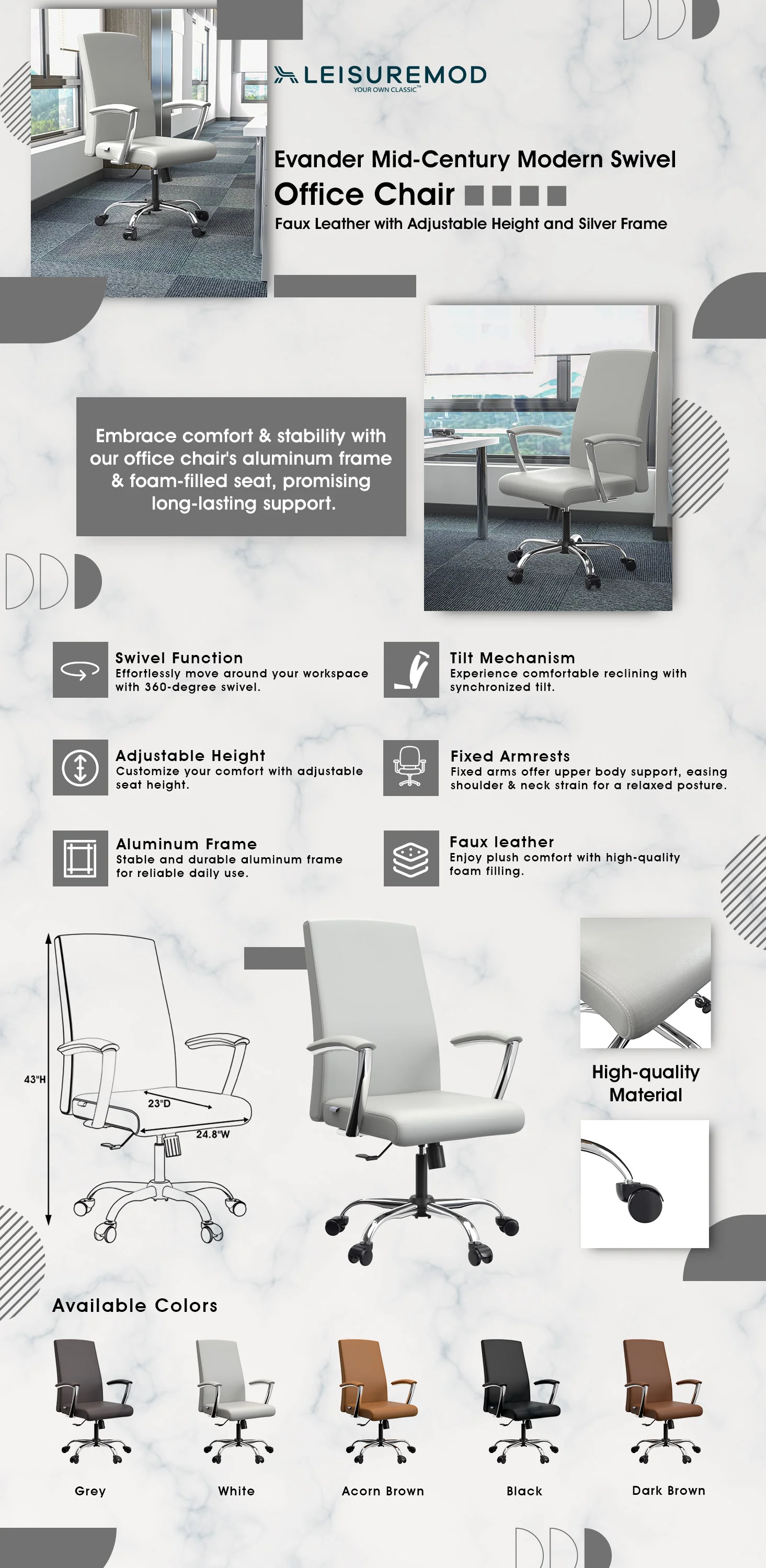 Evander Series Office Chair in White Leather