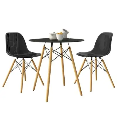 Dover 3-Piece Dining Set with Round Black MDF Top Bistro Table and 2 Plastic Chairs in Black