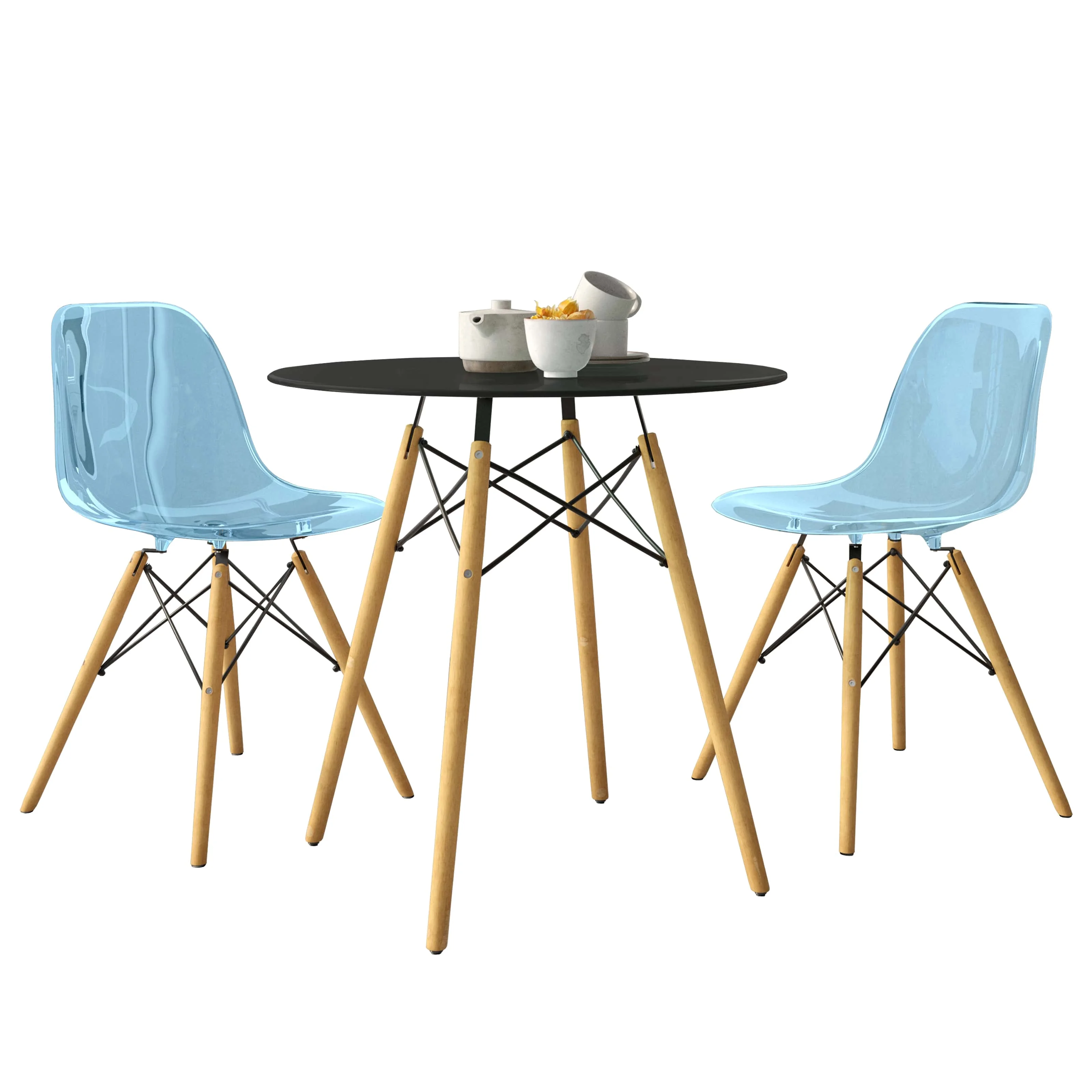 Dover 3-Piece Dining Set with Round Black MDF Top Bistro Table and 2 Plastic Chairs in Blue