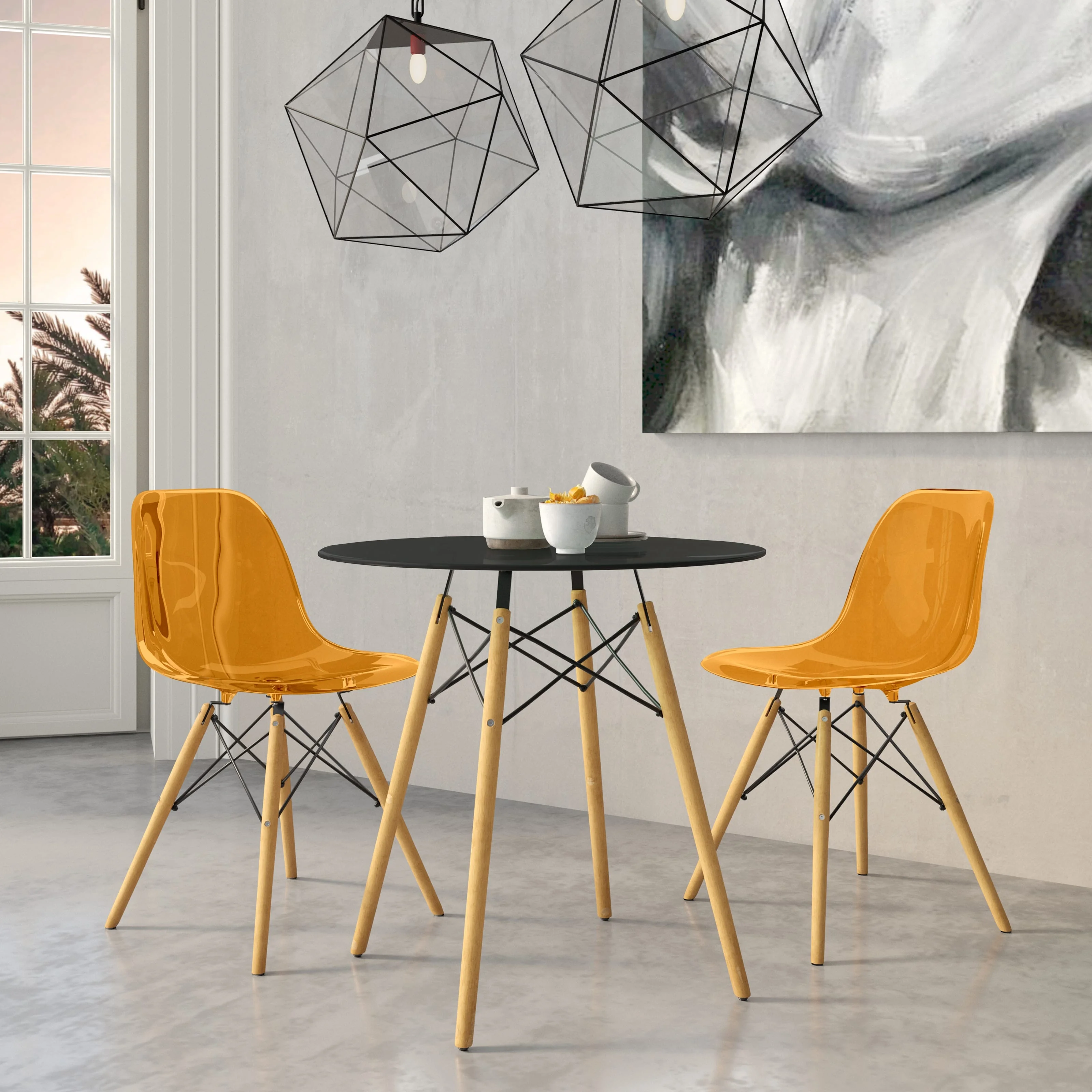 Dover 3-Piece Dining Set with Round Black MDF Top Bistro Table and 2 Plastic Chairs in Orange