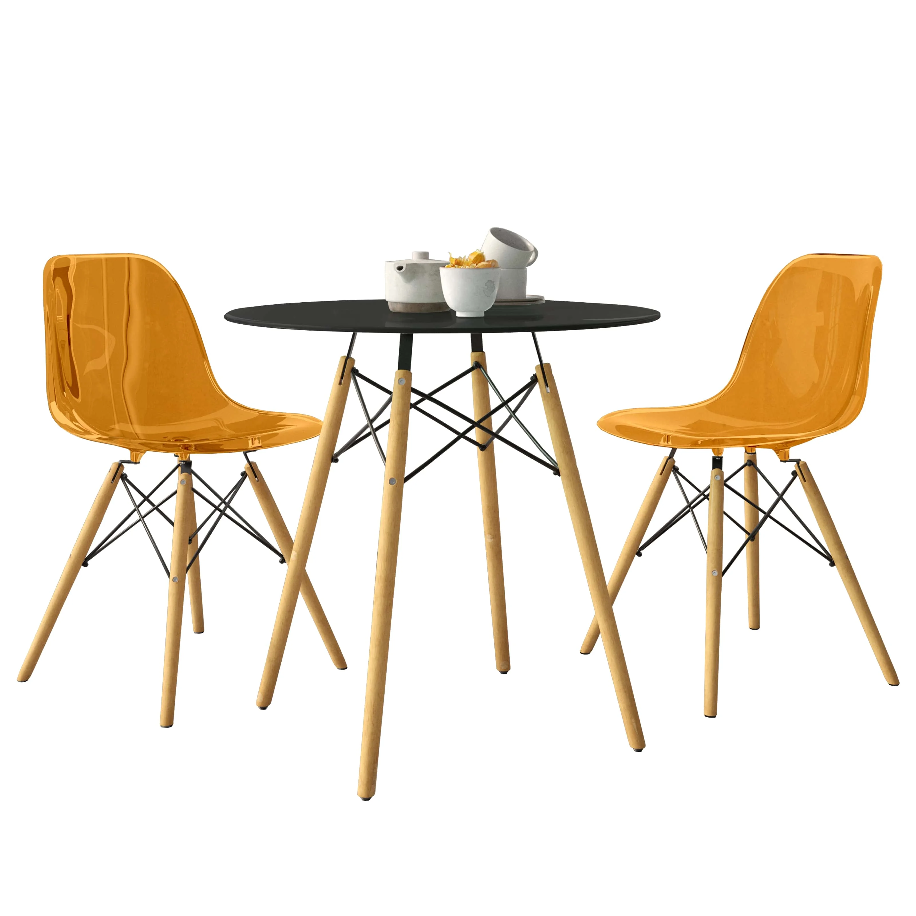 Dover 3-Piece Dining Set with Round Black MDF Top Bistro Table and 2 Plastic Chairs in Orange