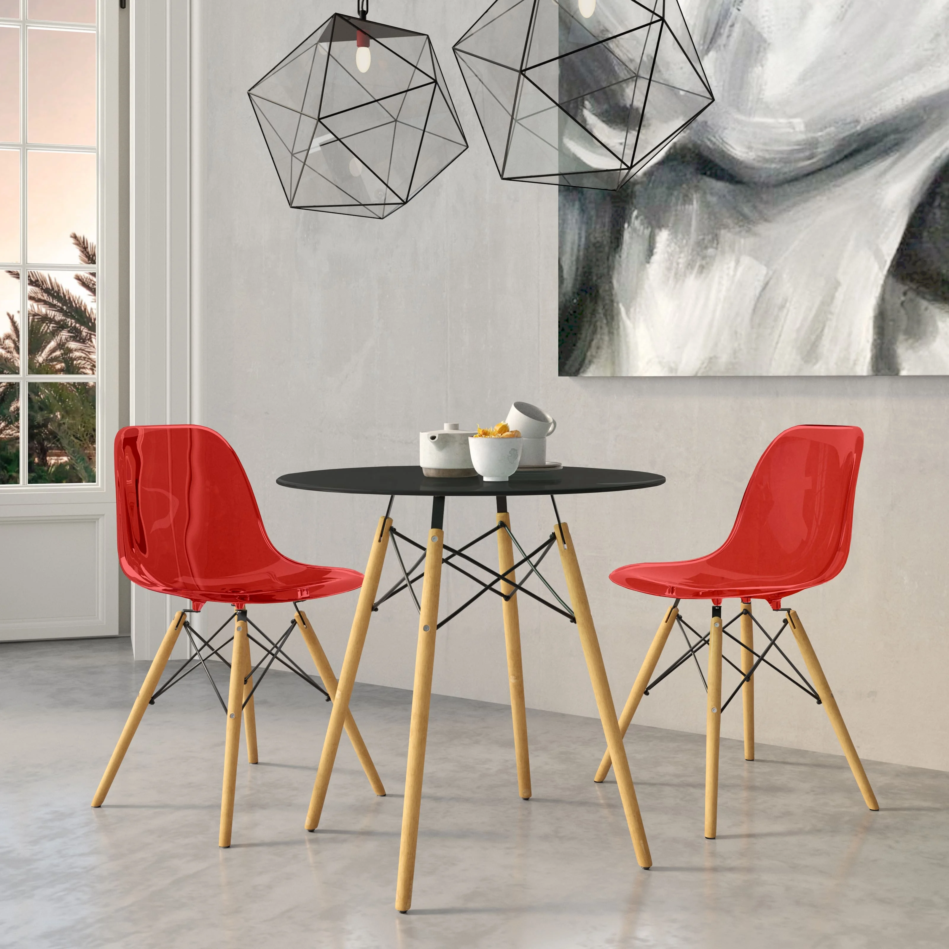 Dover 3-Piece Dining Set with Round Black MDF Top Bistro Table and 2 Plastic Chairs in Red