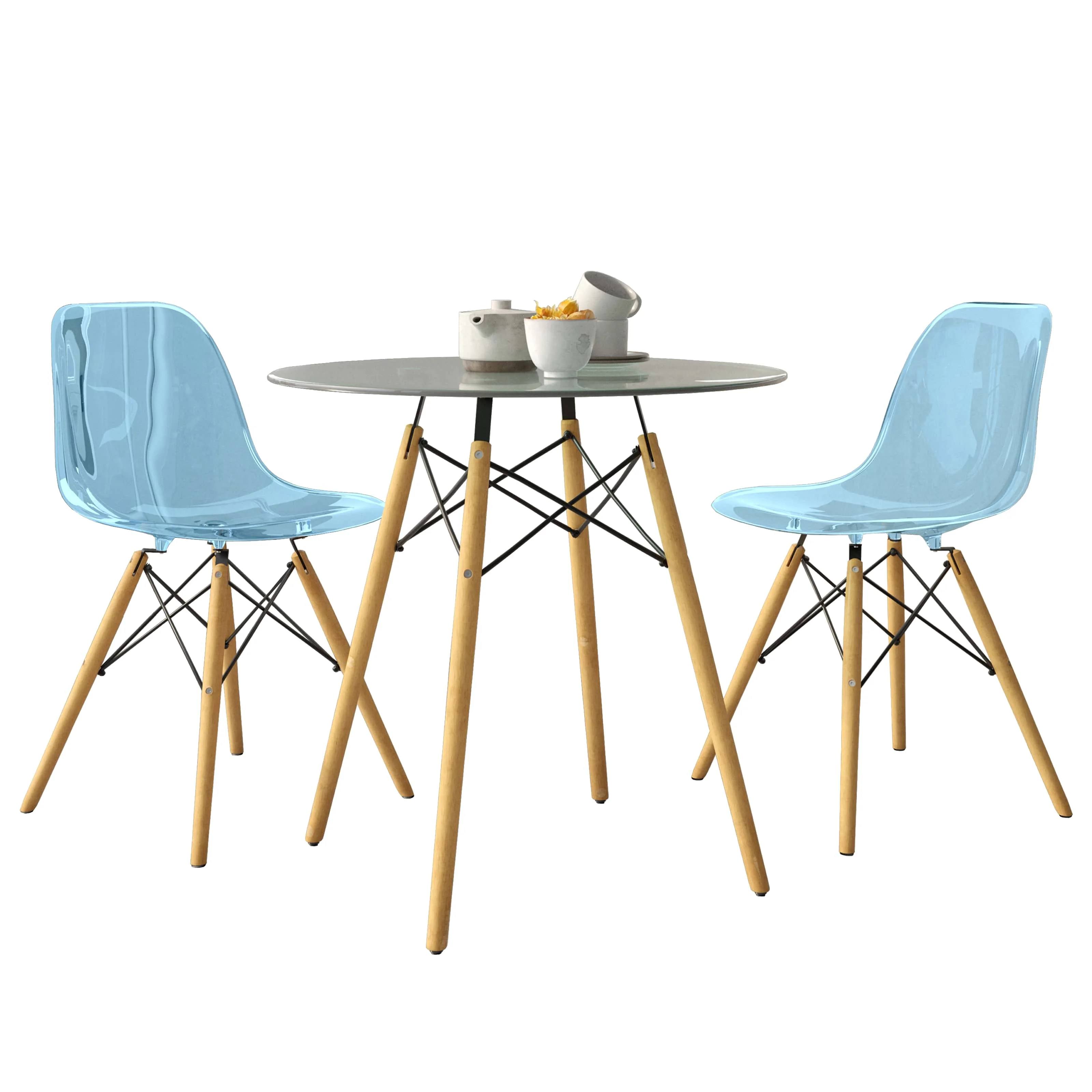 Dover 3-Piece Dining Set with Round Clear Glass Top Bistro Table and 2 Plastic Chairs in Blue