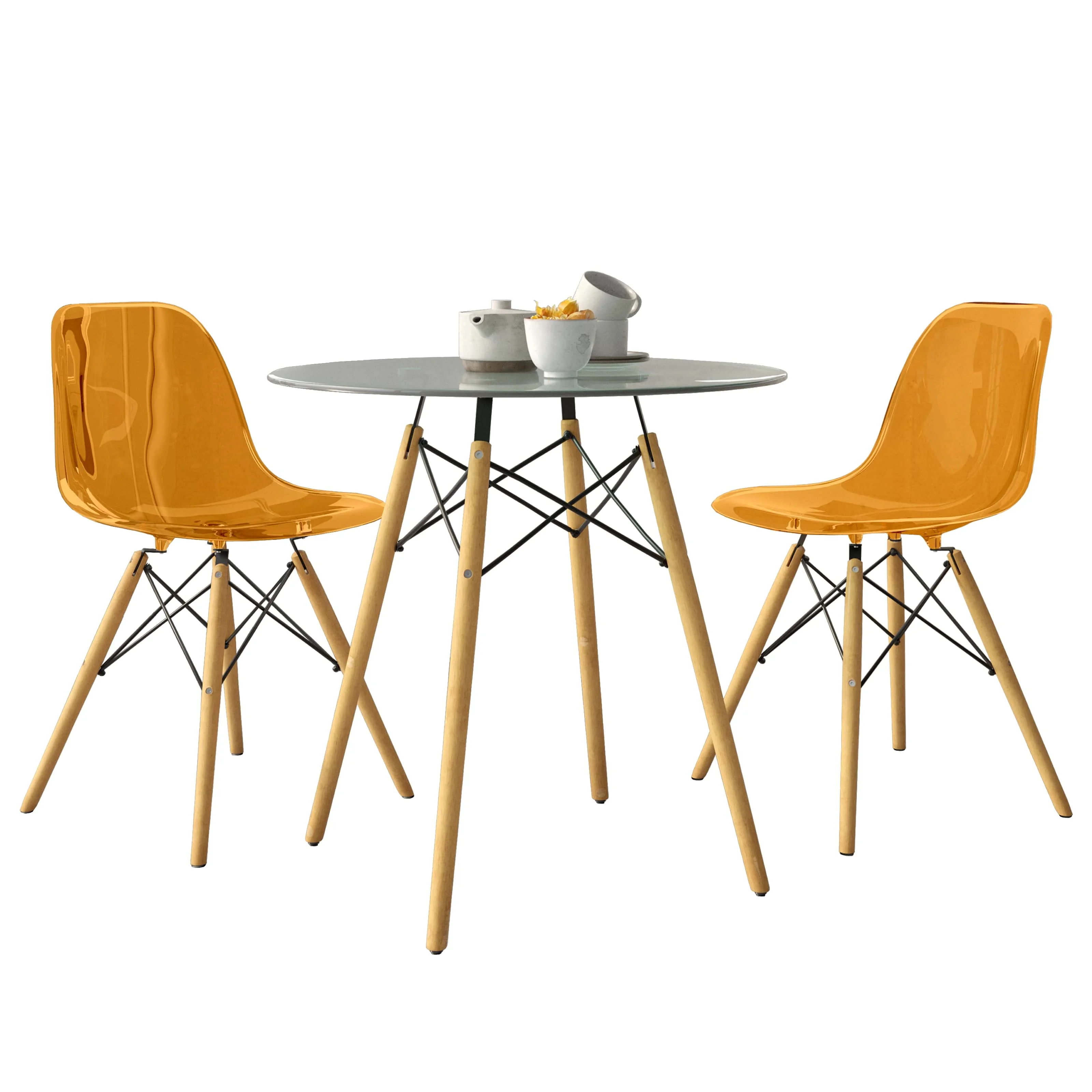 Dover 3-Piece Dining Set with Round Clear Glass Top Bistro Table and 2 Plastic Chairs in Orange