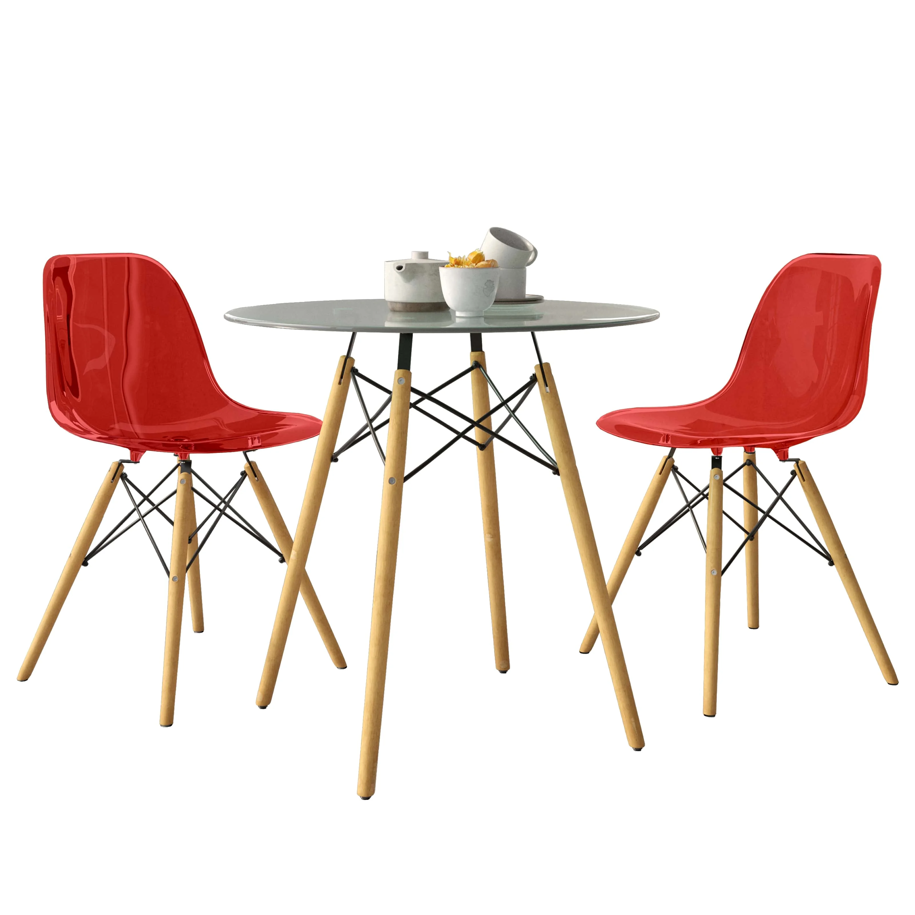 Dover 3-Piece Dining Set with Round Clear Glass Top Bistro Table and 2 Plastic Chairs in Red