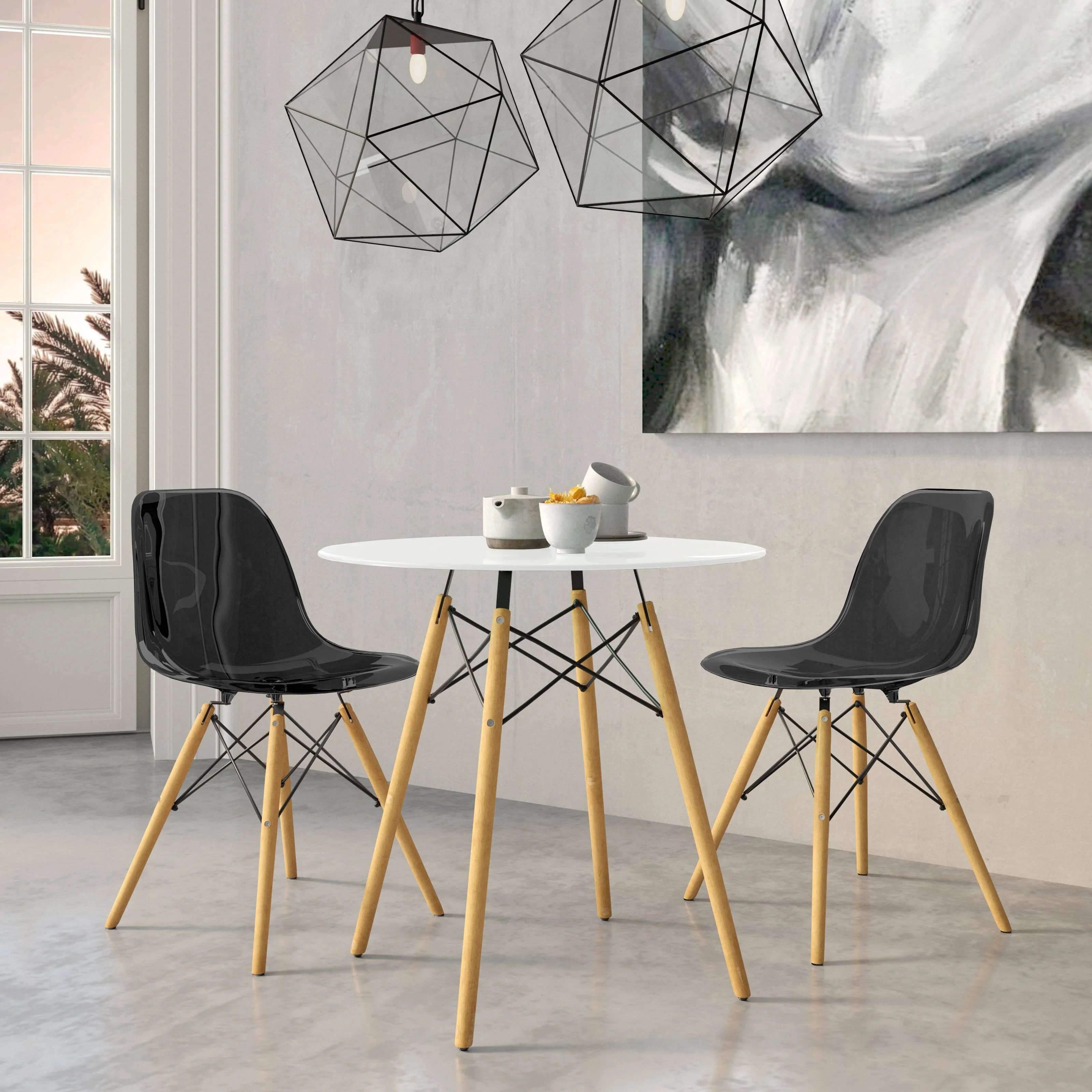 Dover 3-Piece Dining Set with Round White MDF Top Bistro Table and 2 Plastic Chairs in Black