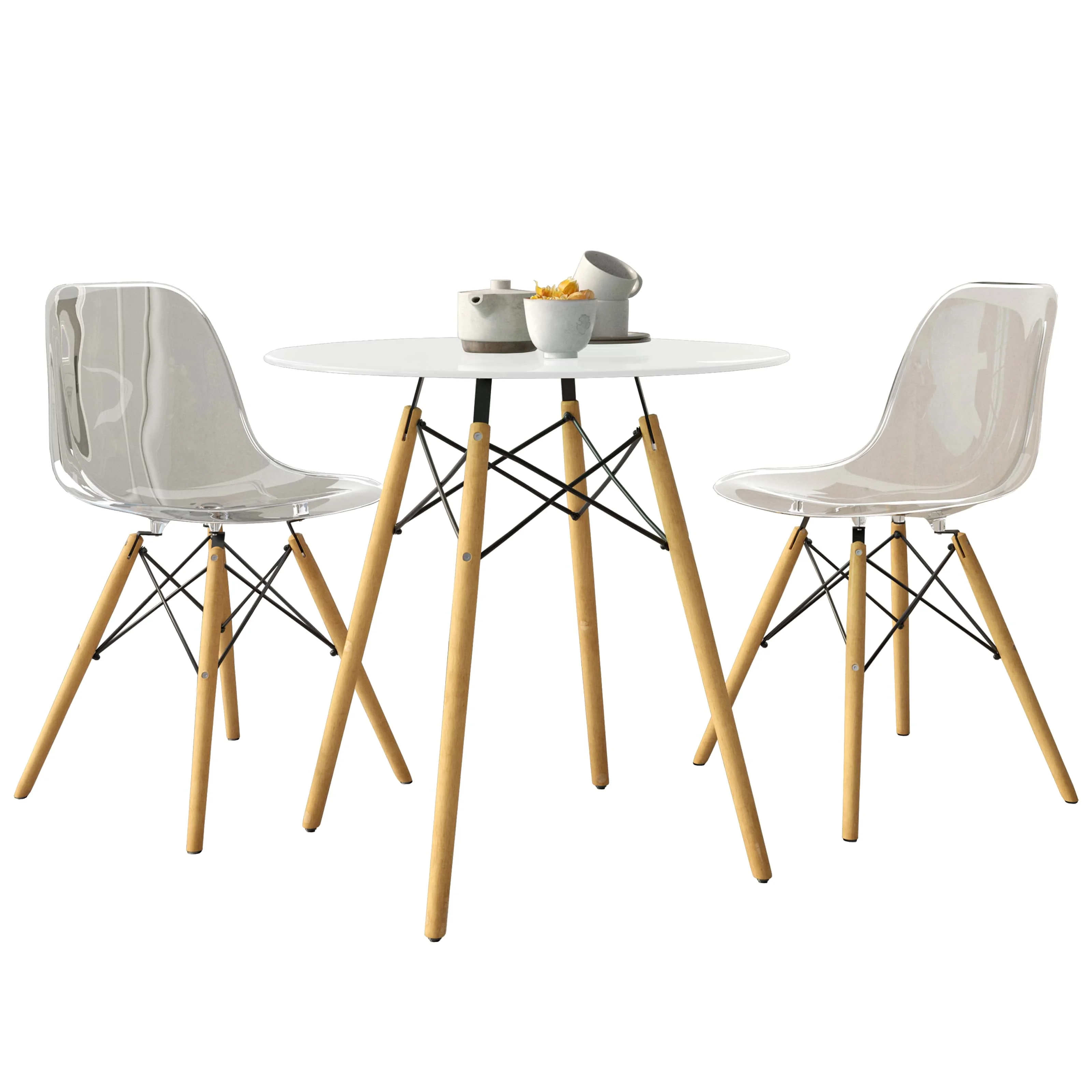 Dover 3-Piece Dining Set with Round White MDF Top Bistro Table and 2 Plastic Chairs in Clear