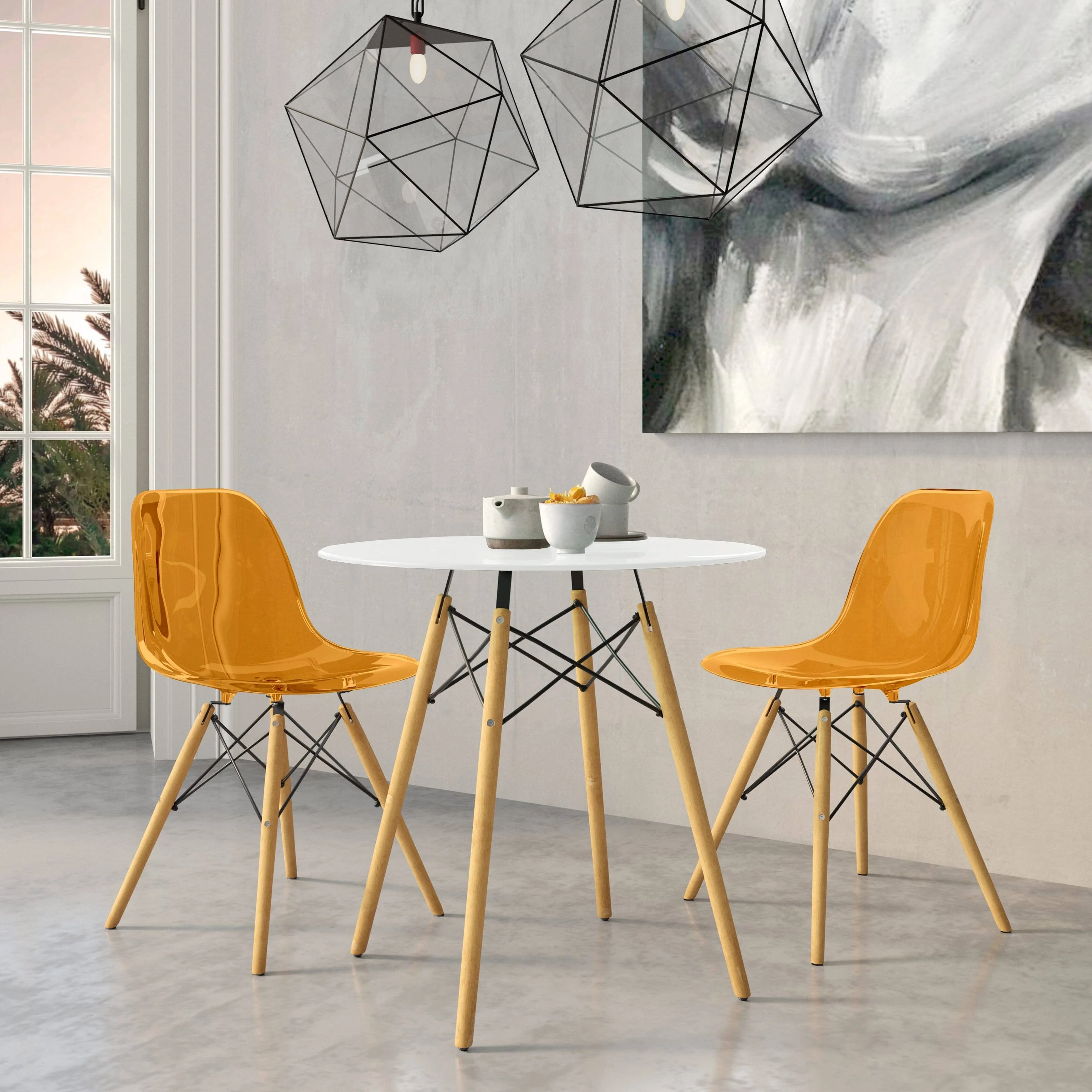 Dover 3-Piece Dining Set with Round White MDF Top Bistro Table and 2 Plastic Chairs in Orange