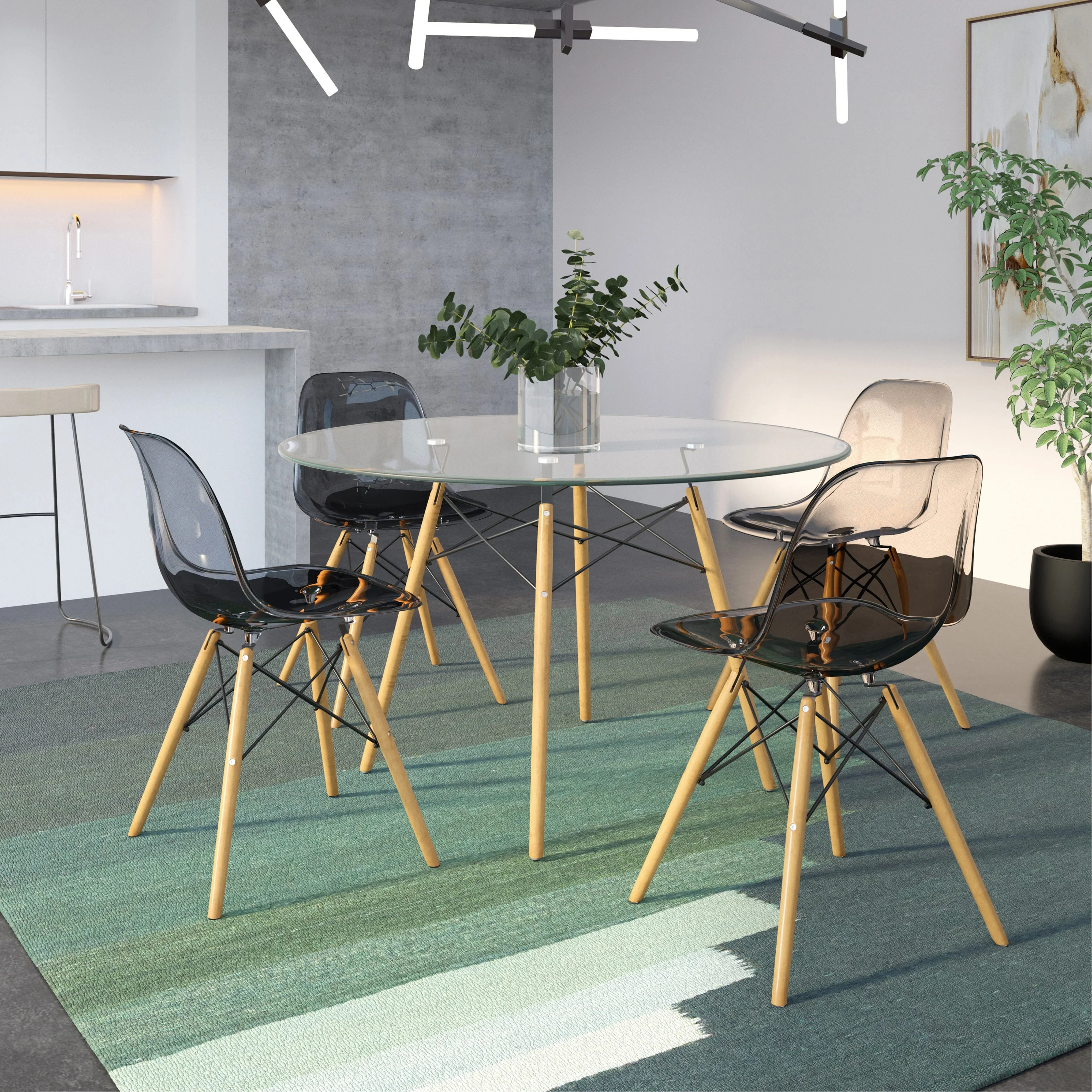 Dover 5-Piece Dining Set with 4 Plastic Chairs in Transparent Black