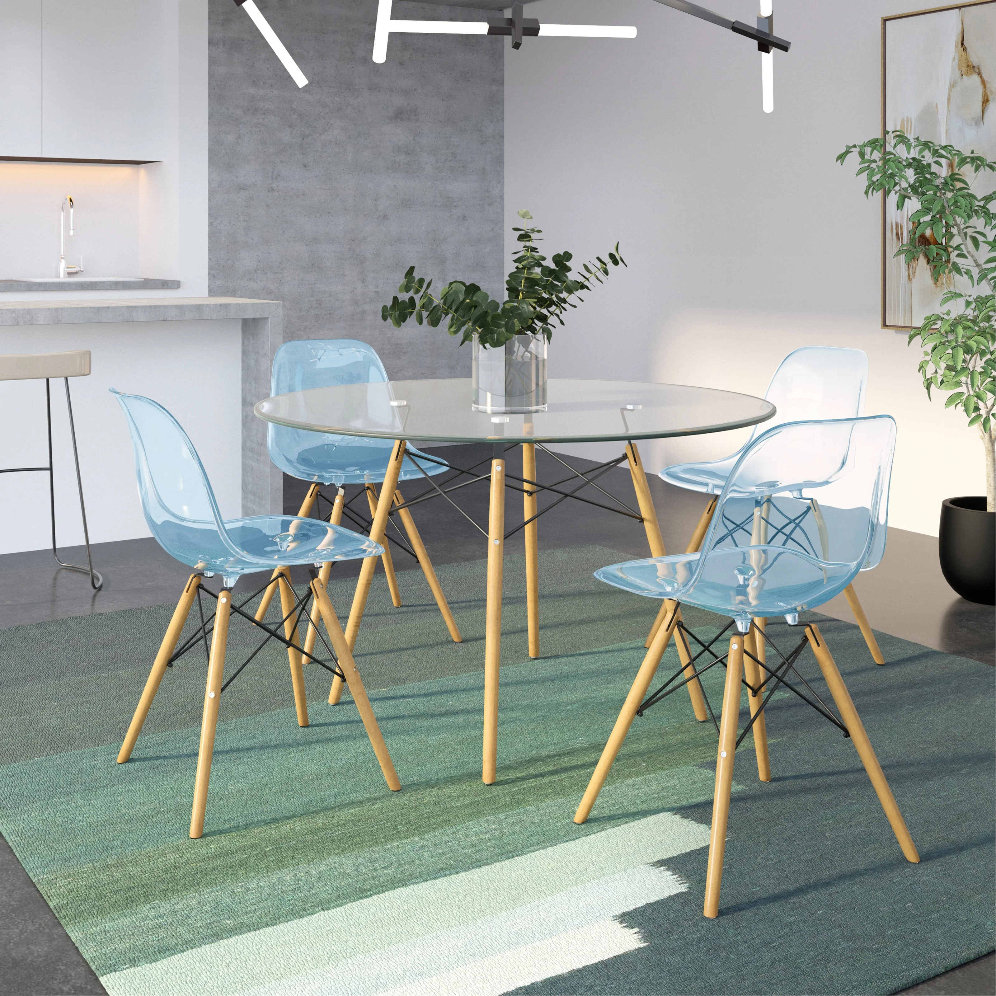 Dover 5-Piece Dining Set with 4 Plastic Chairs in Transparent Blue