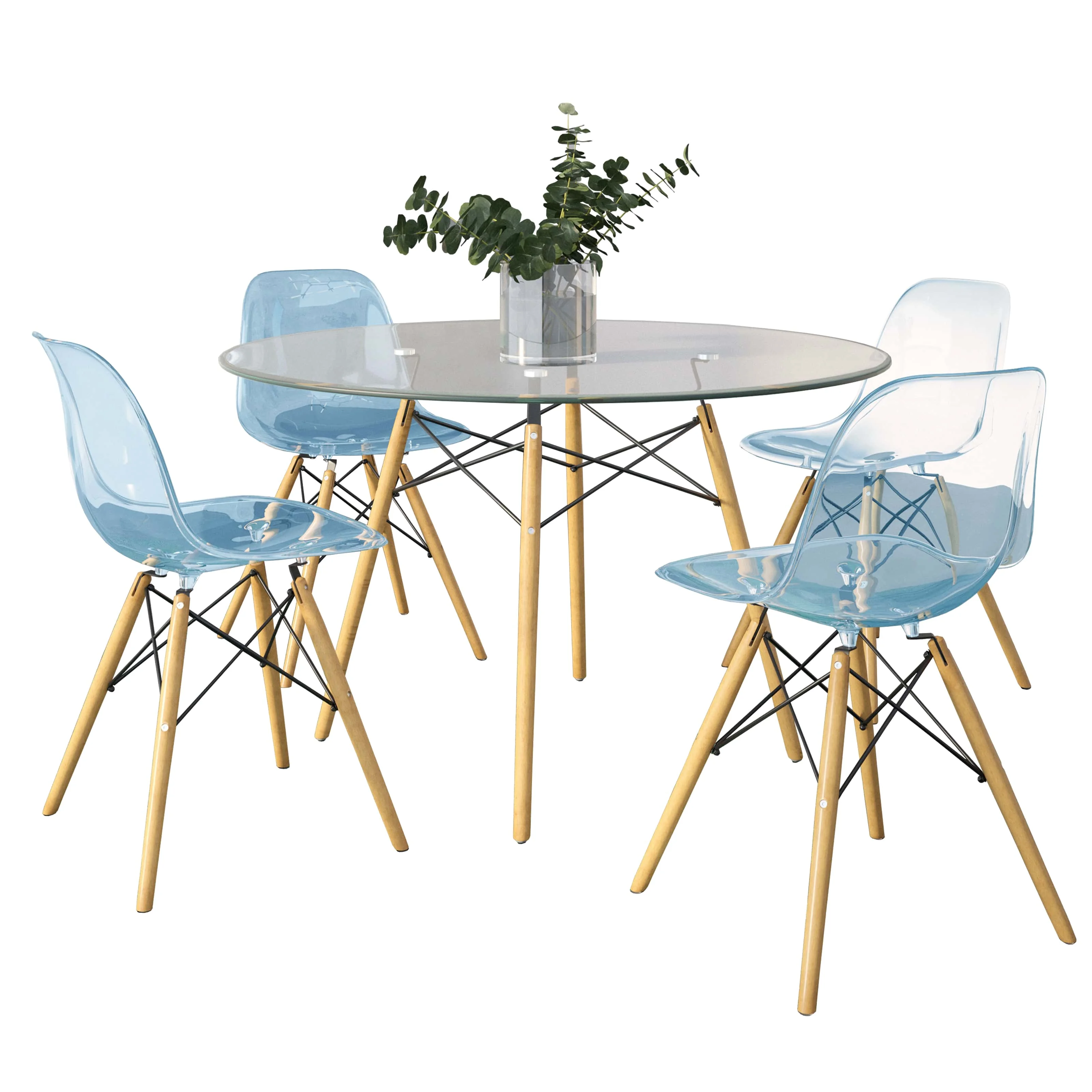 Dover 5-Piece Dining Set with 4 Plastic Chairs in Transparent Blue