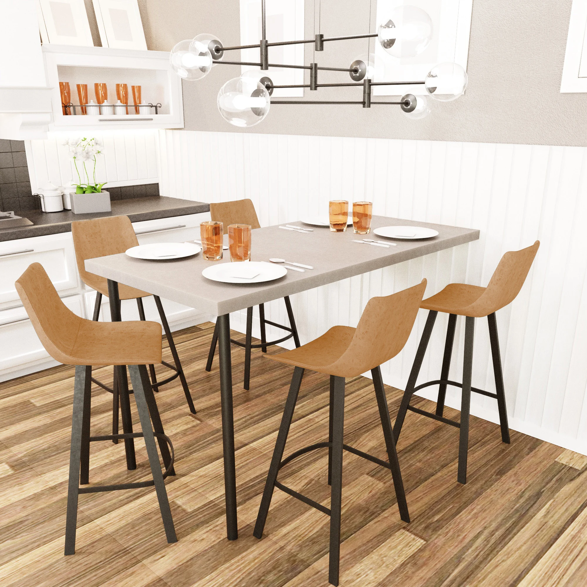 Elland Modern Upholstered Leather Bar Stool With Iron Legs & Footrest