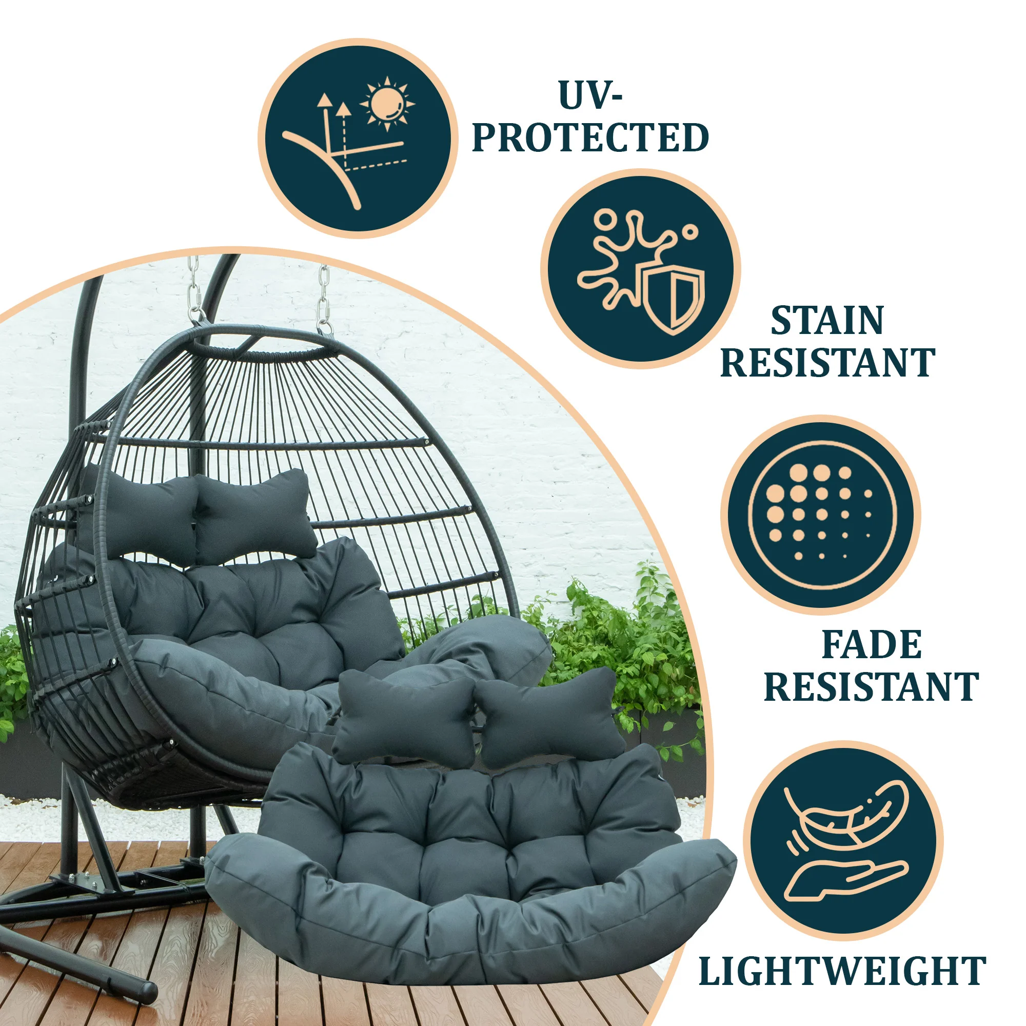 Wicker 2 Person Double Folding Hanging Egg Swing Cushion