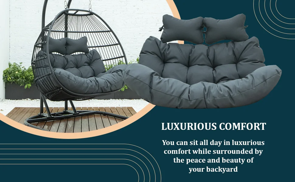 Wicker 2 Person Double Folding Hanging Egg Swing Cushion