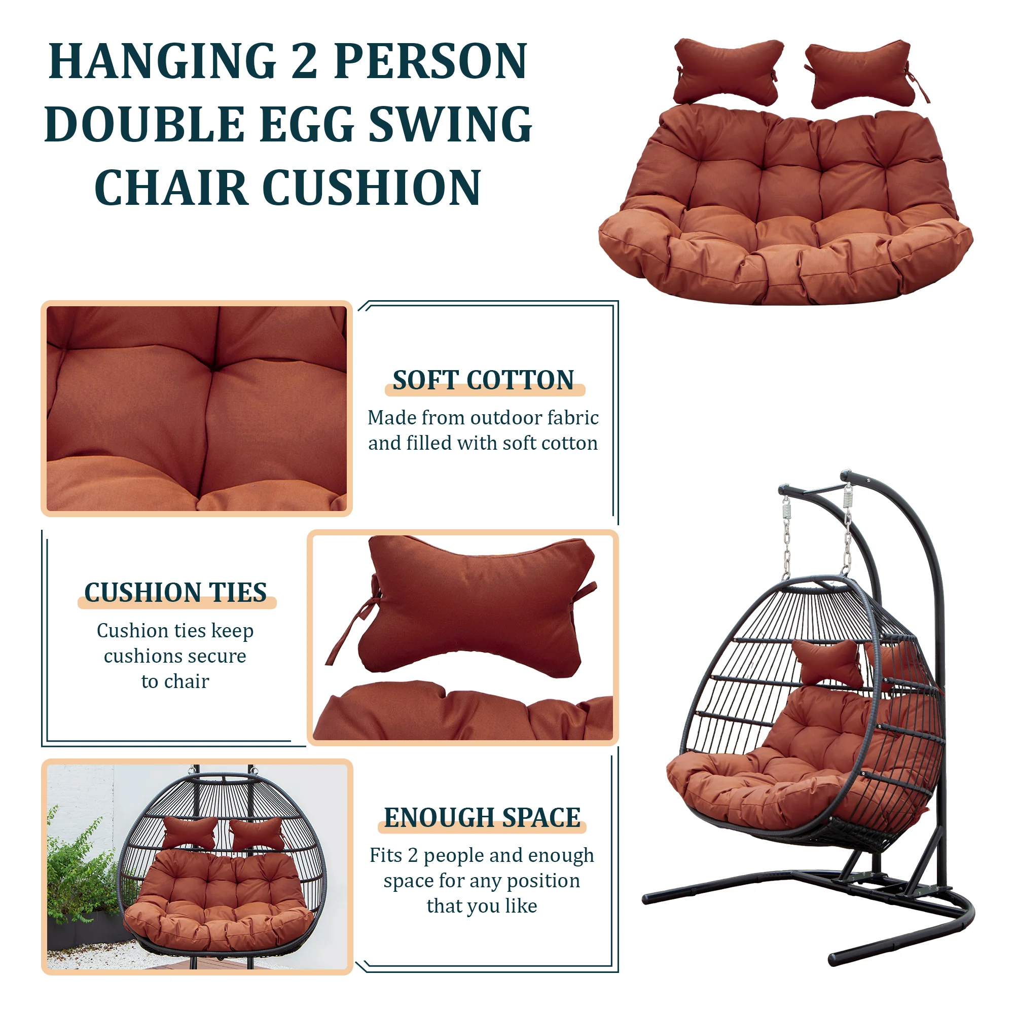 Wicker 2 Person Double Folding Hanging Egg Swing Cushion