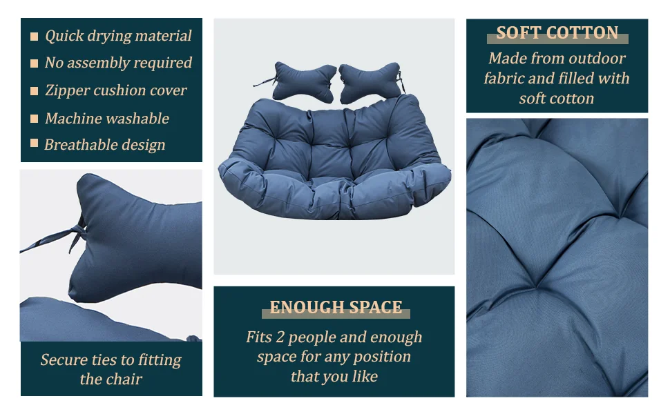 Wicker 2 Person Double Folding Hanging Egg Swing Cushion