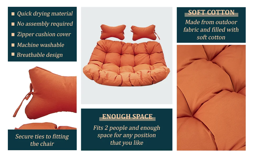 Wicker 2 Person Double Folding Hanging Egg Swing Cushion