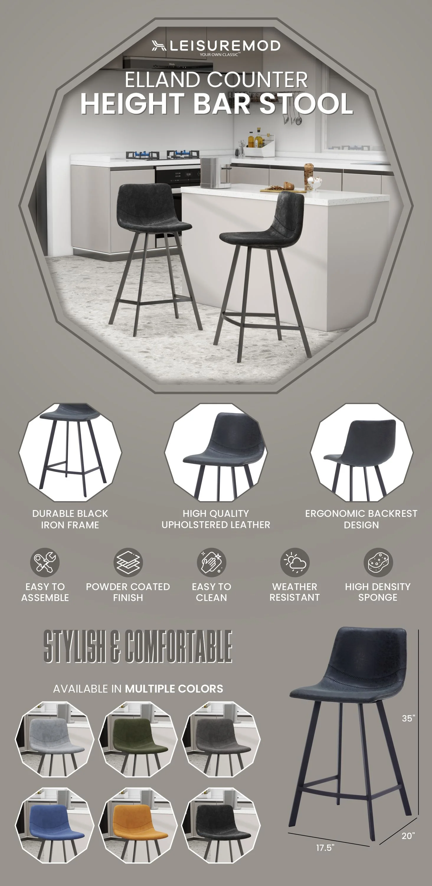 Elland - Counter stool -Charcoal Black