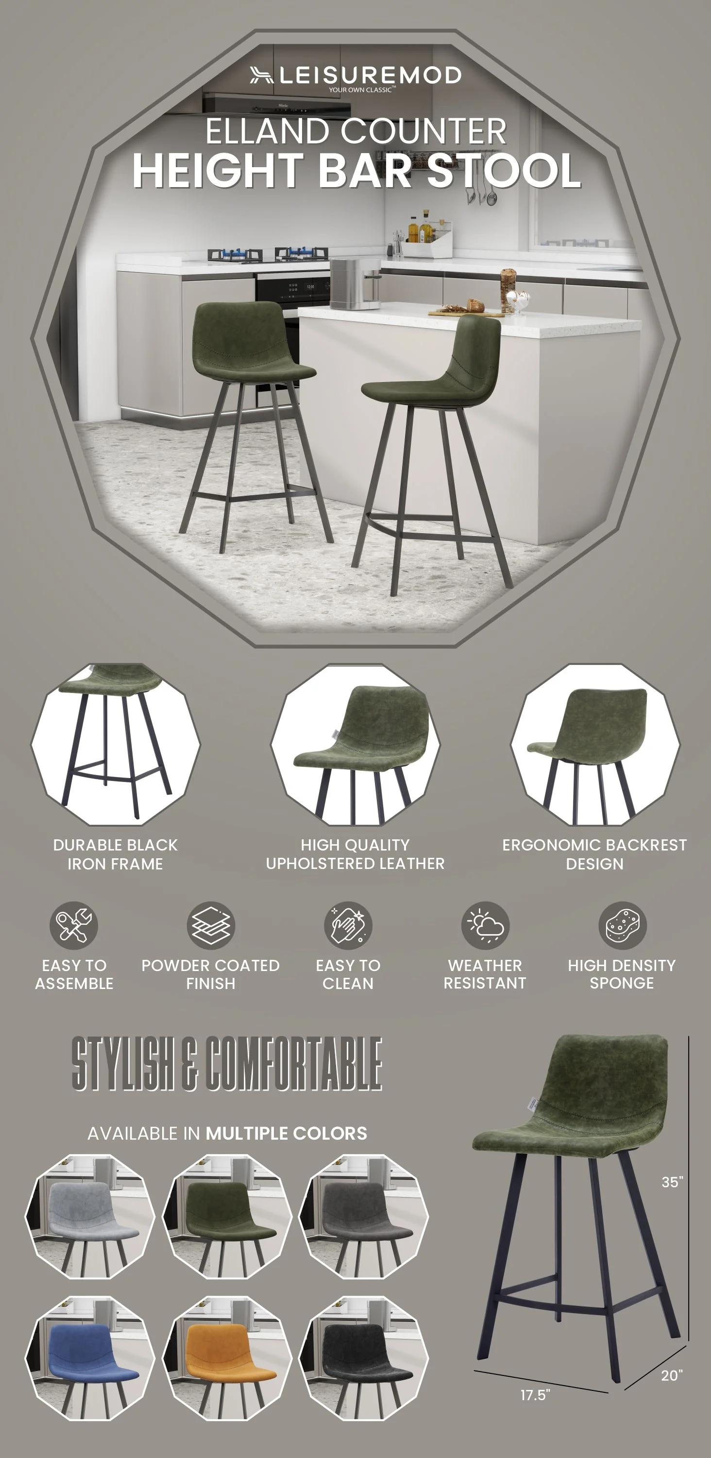Elland - Counter stool - Olive Green