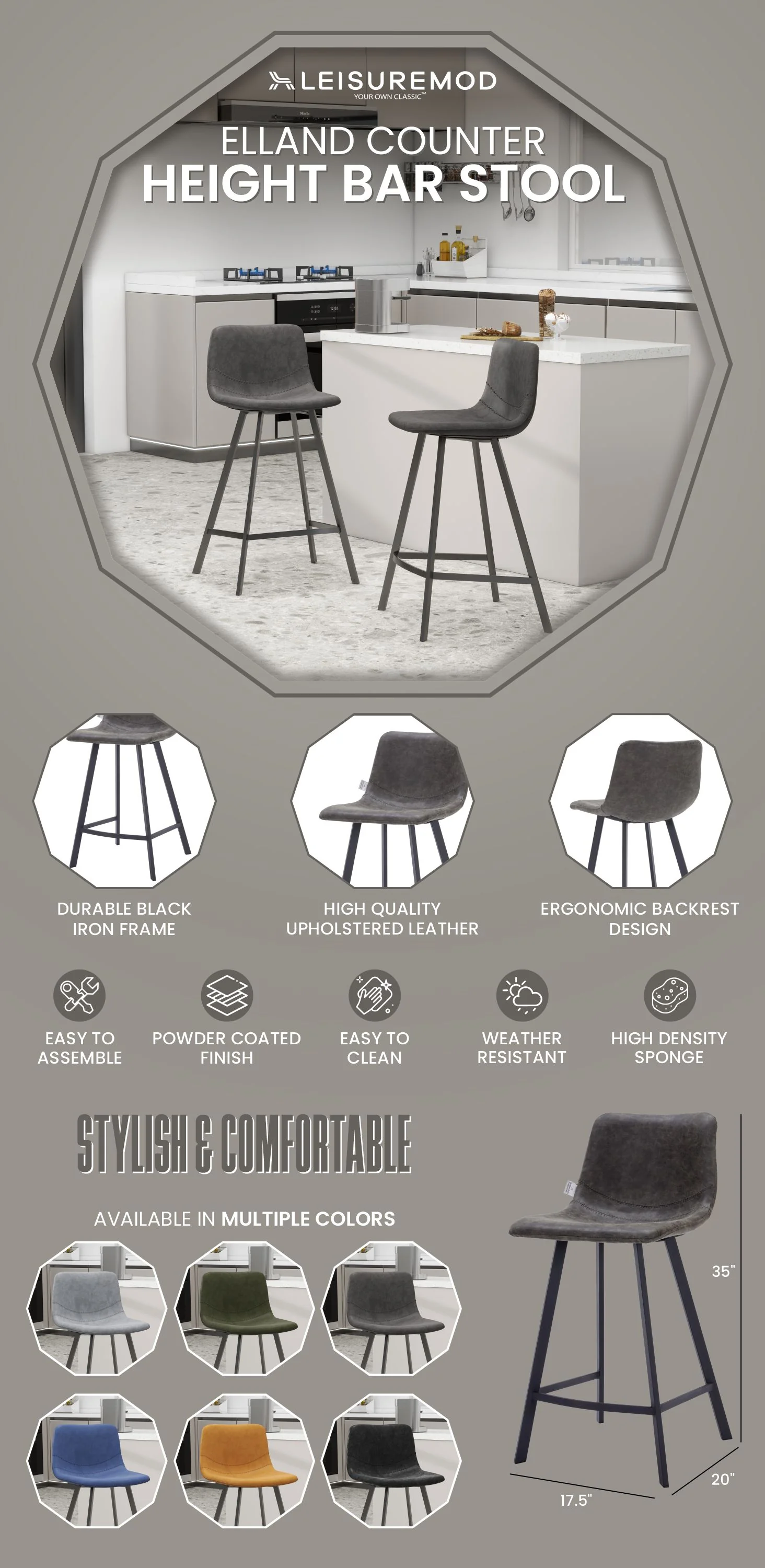 Elland - Counter stool - Grey