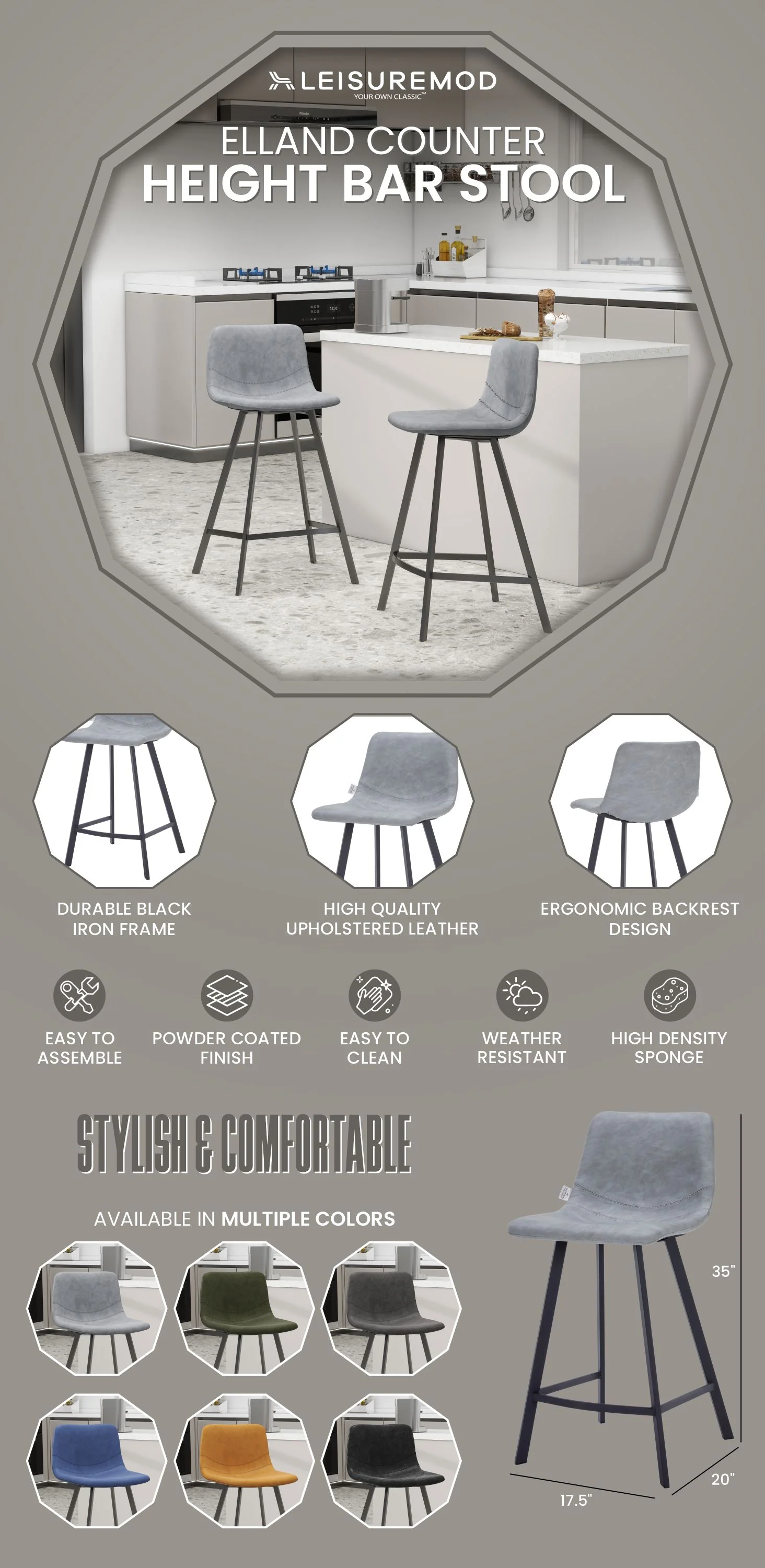 Elland - Counter stool -Light Grey