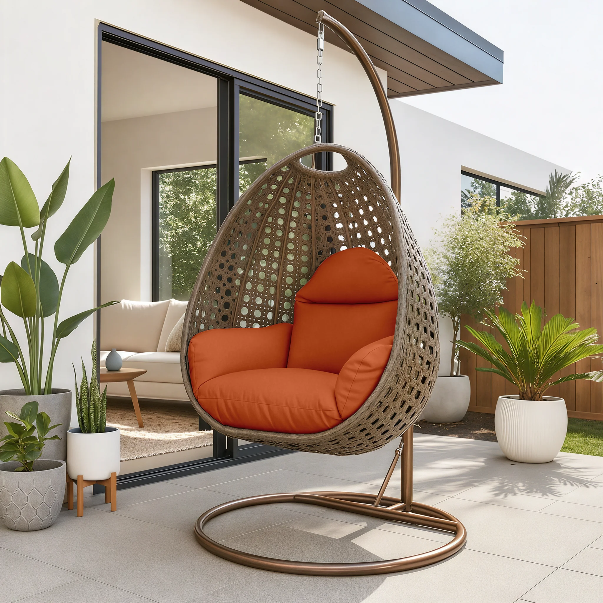 Beige Wicker Hanging Egg Swing Chair