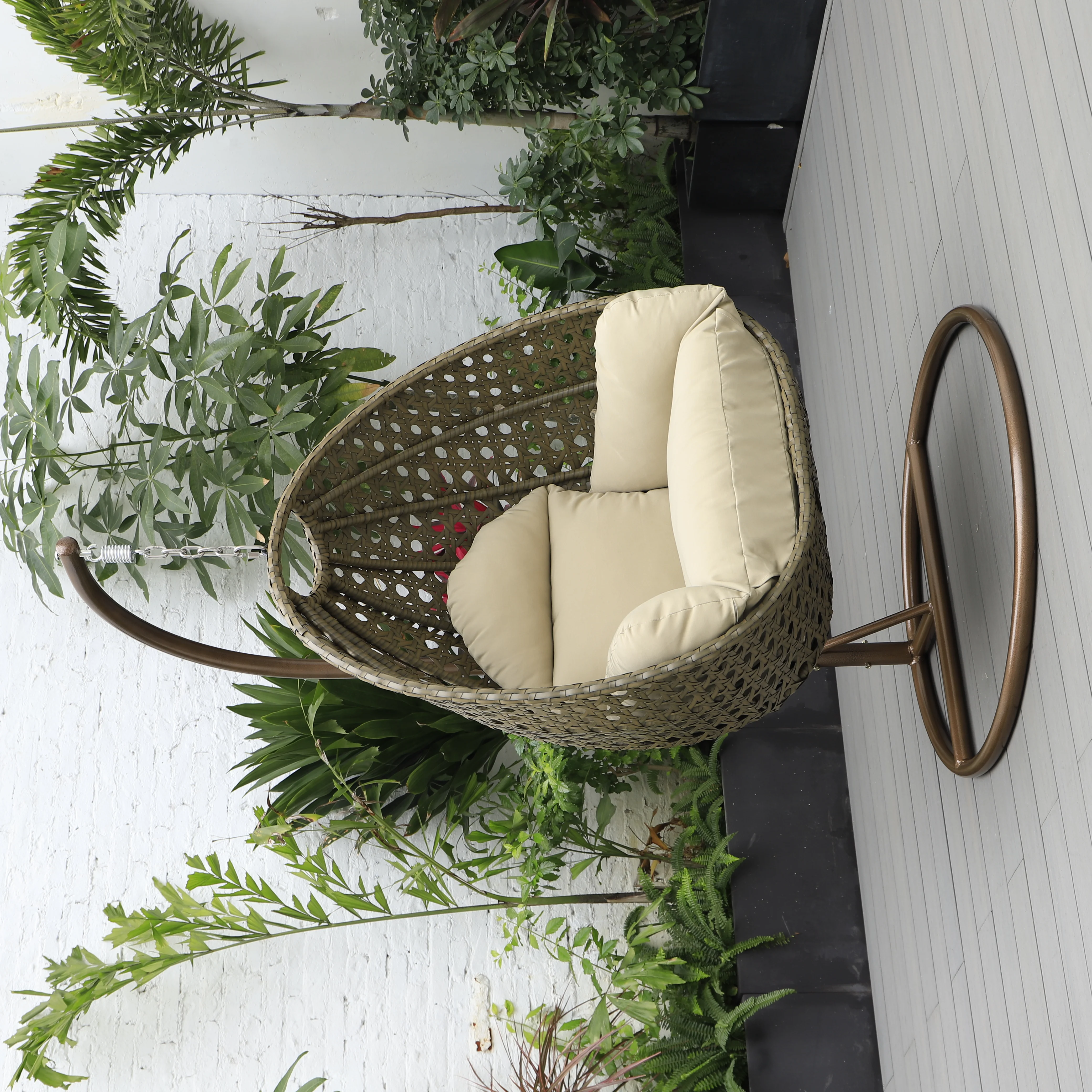 Beige Wicker Hanging Egg Swing Chair