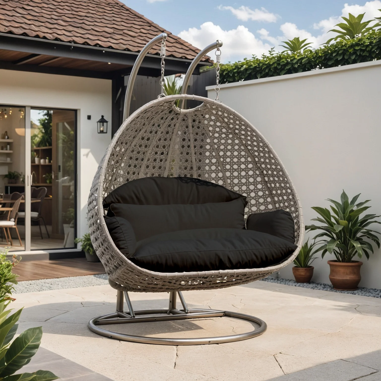 Beige Wicker Hanging 2 person Egg Swing Chair