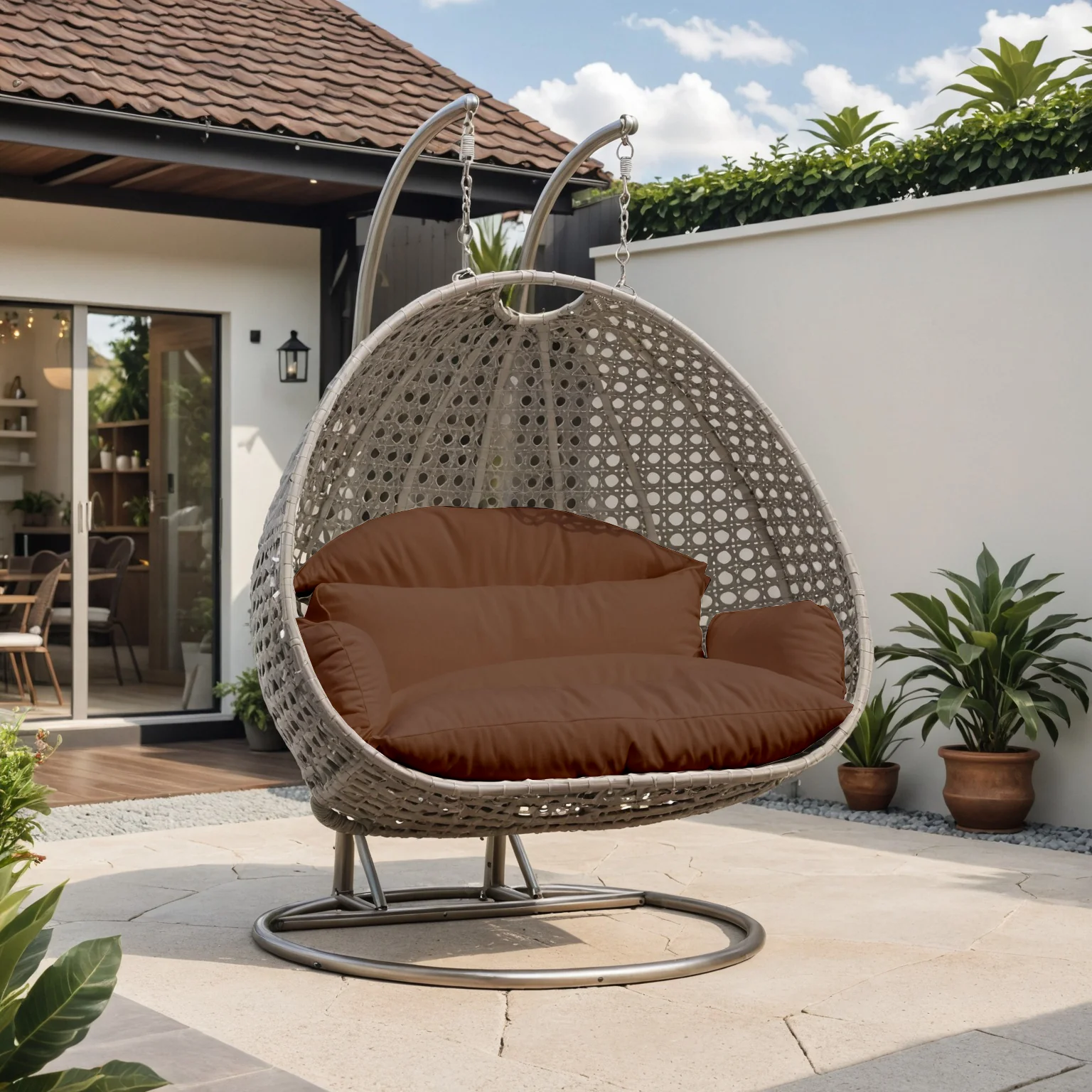 Beige Wicker Hanging 2 person Egg Swing Chair