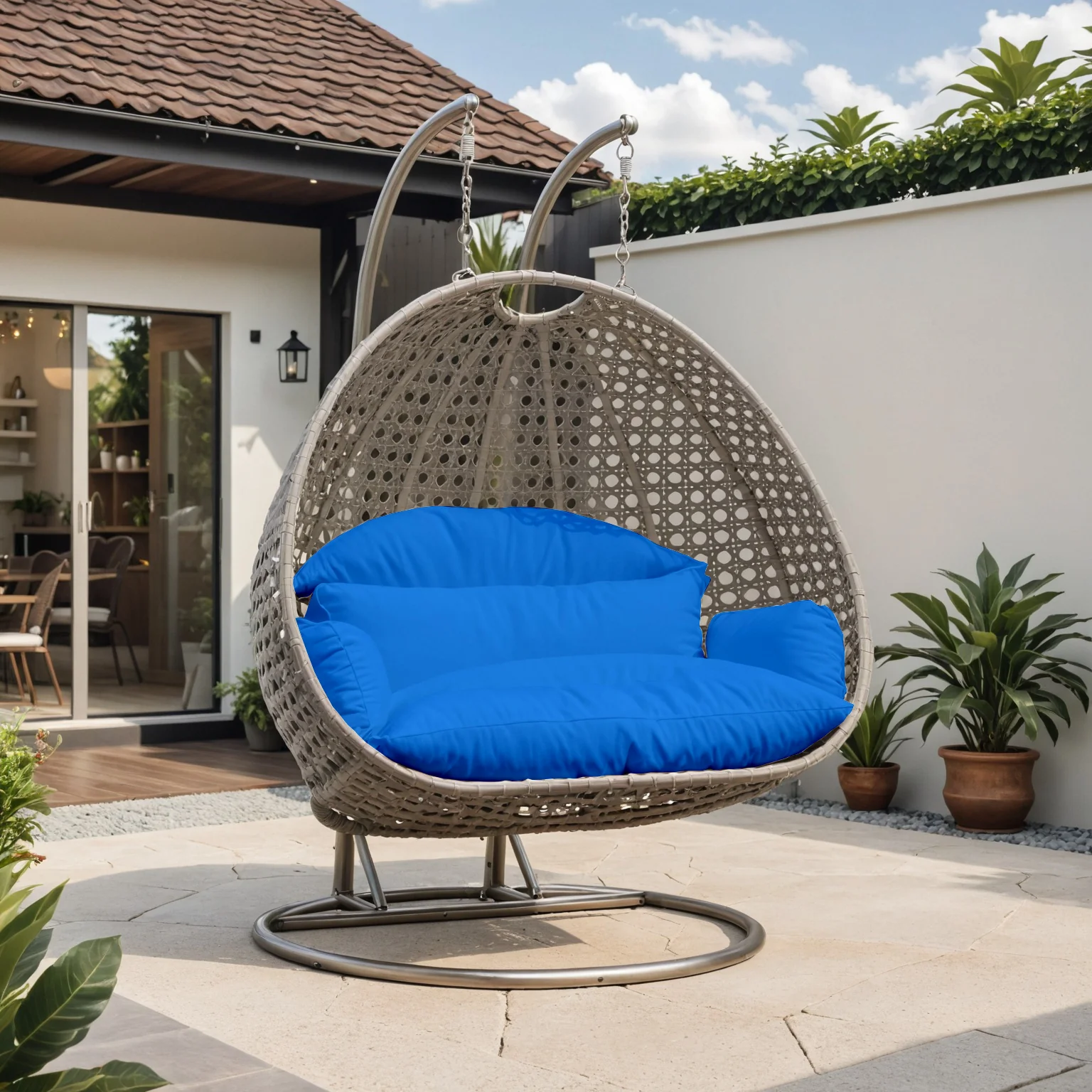 Beige Wicker Hanging 2 person Egg Swing Chair