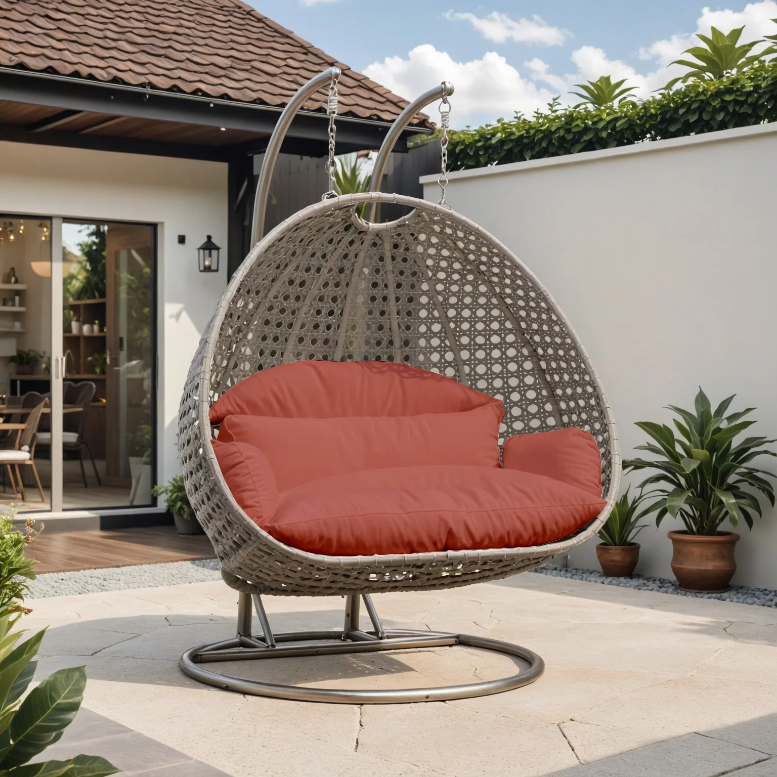 Beige Wicker Hanging 2 person Egg Swing Chair