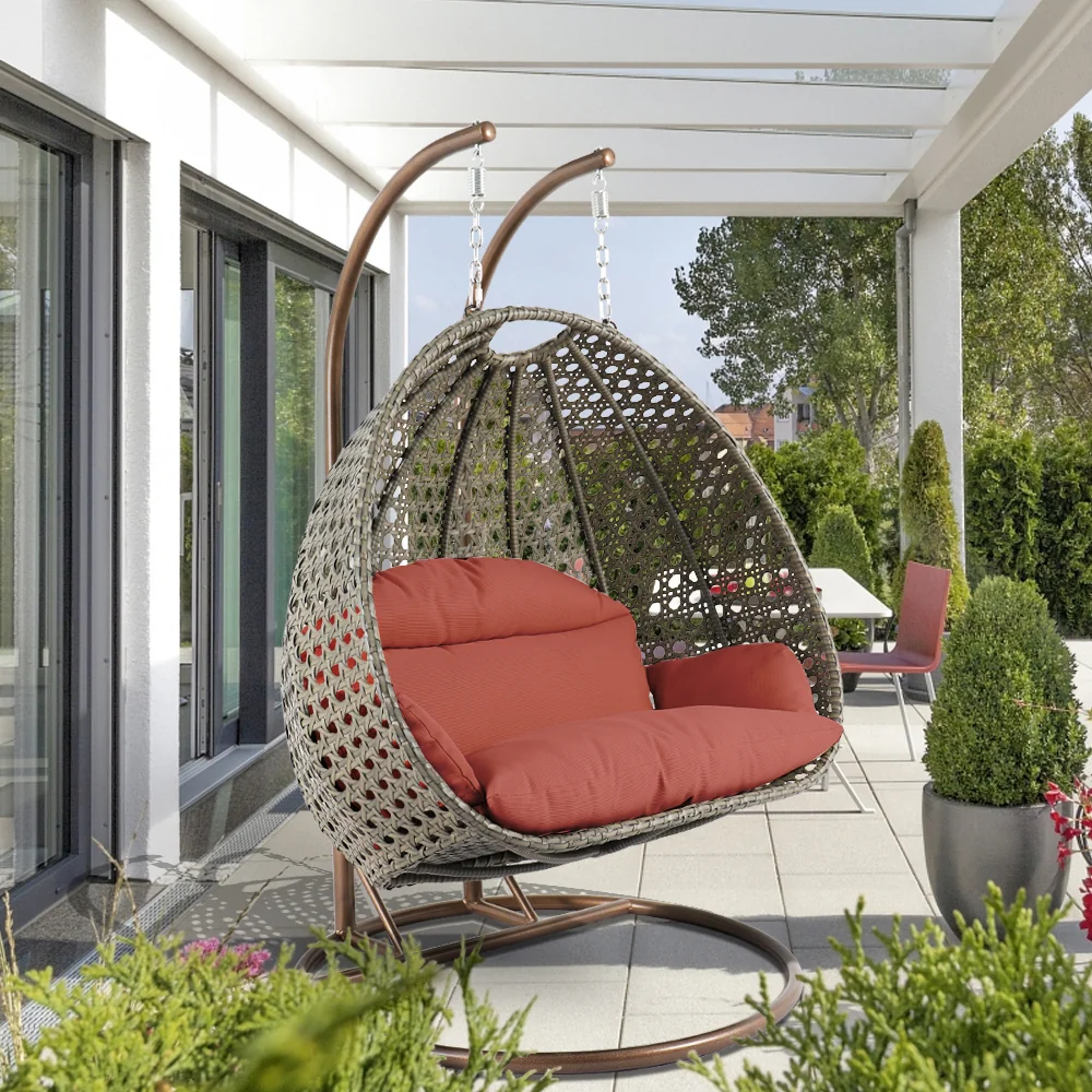 Beige Wicker Hanging 2 person Egg Swing Chair